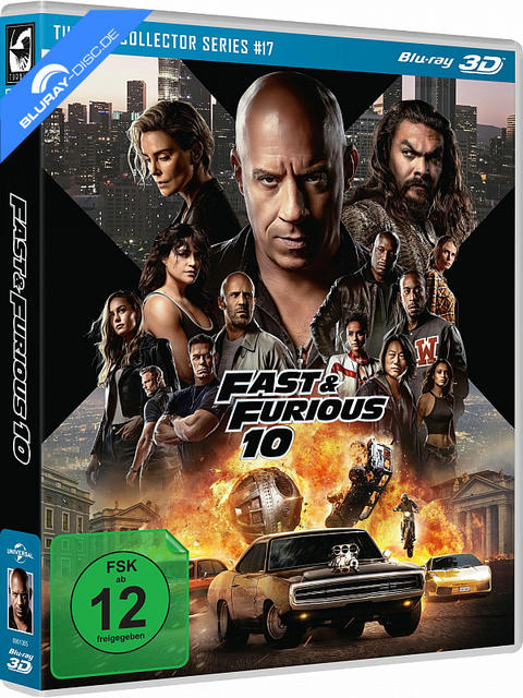 Fast & Furious 10 Blu-ray Hülle mit Filmschauspielern und Autos.