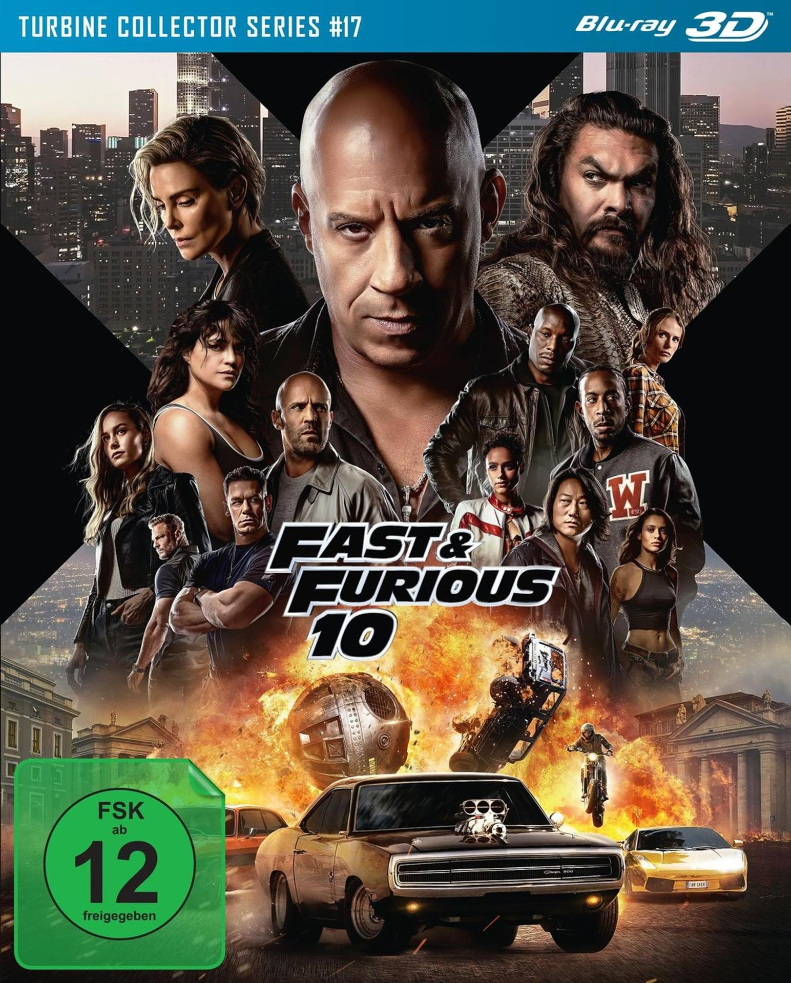 Fast & Furious 10 Filmplakat mit Darstellern, Autos und Explosionen im Stadtbild.