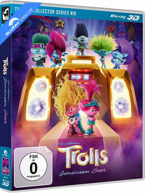Trolls Collector's Edition Blu-ray mit verschiedenen Trollfiguren auf einer Bühne.
