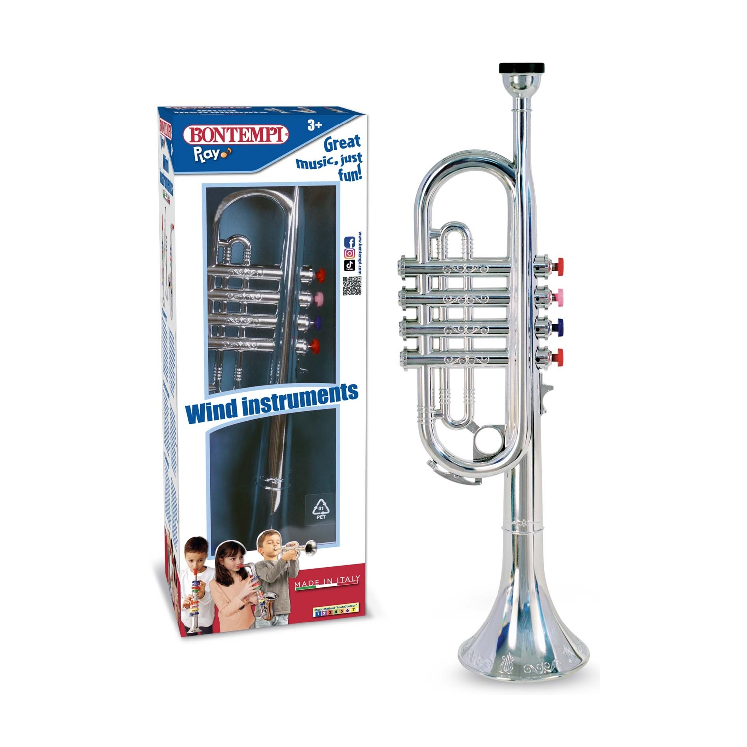 Trombetta giocattolo argentata accanto a una scatola con bambini che suonano strumenti.