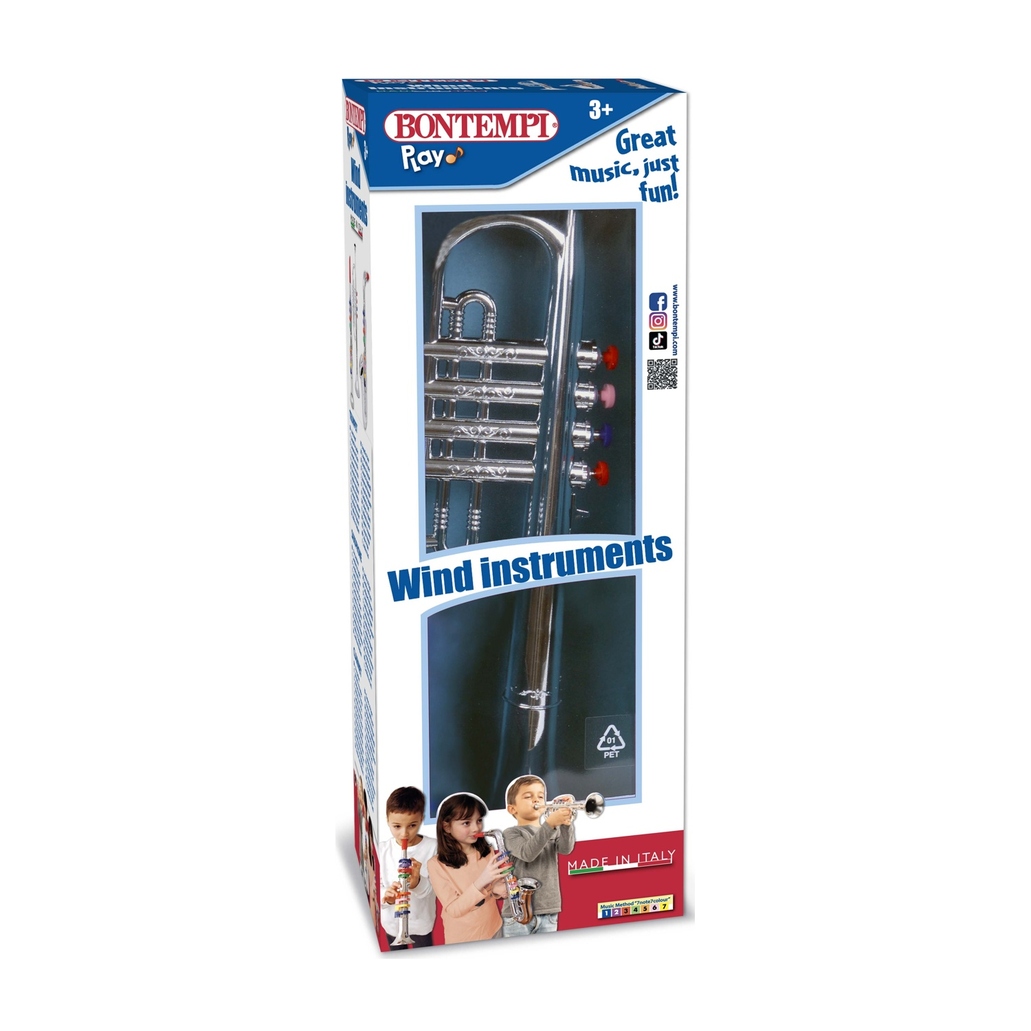 Scatola di un set di trombe giocattolo con bambini che suonano strumenti.