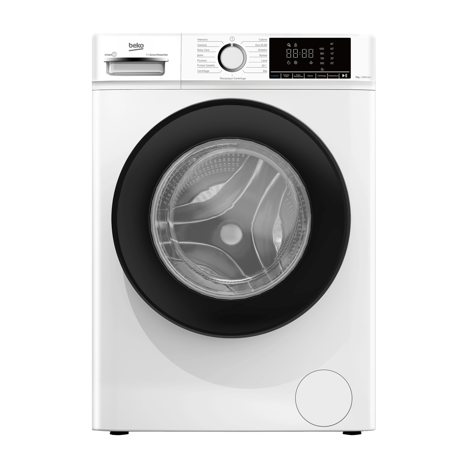 Lavatrice Beko bianca con oblò nero e display digitale.