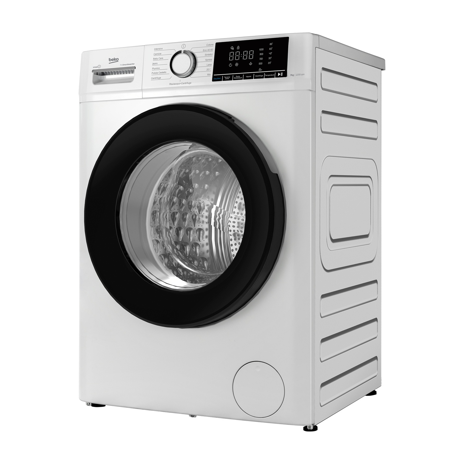 Una lavatrice Beko bianca con oblò nero e display digitale.