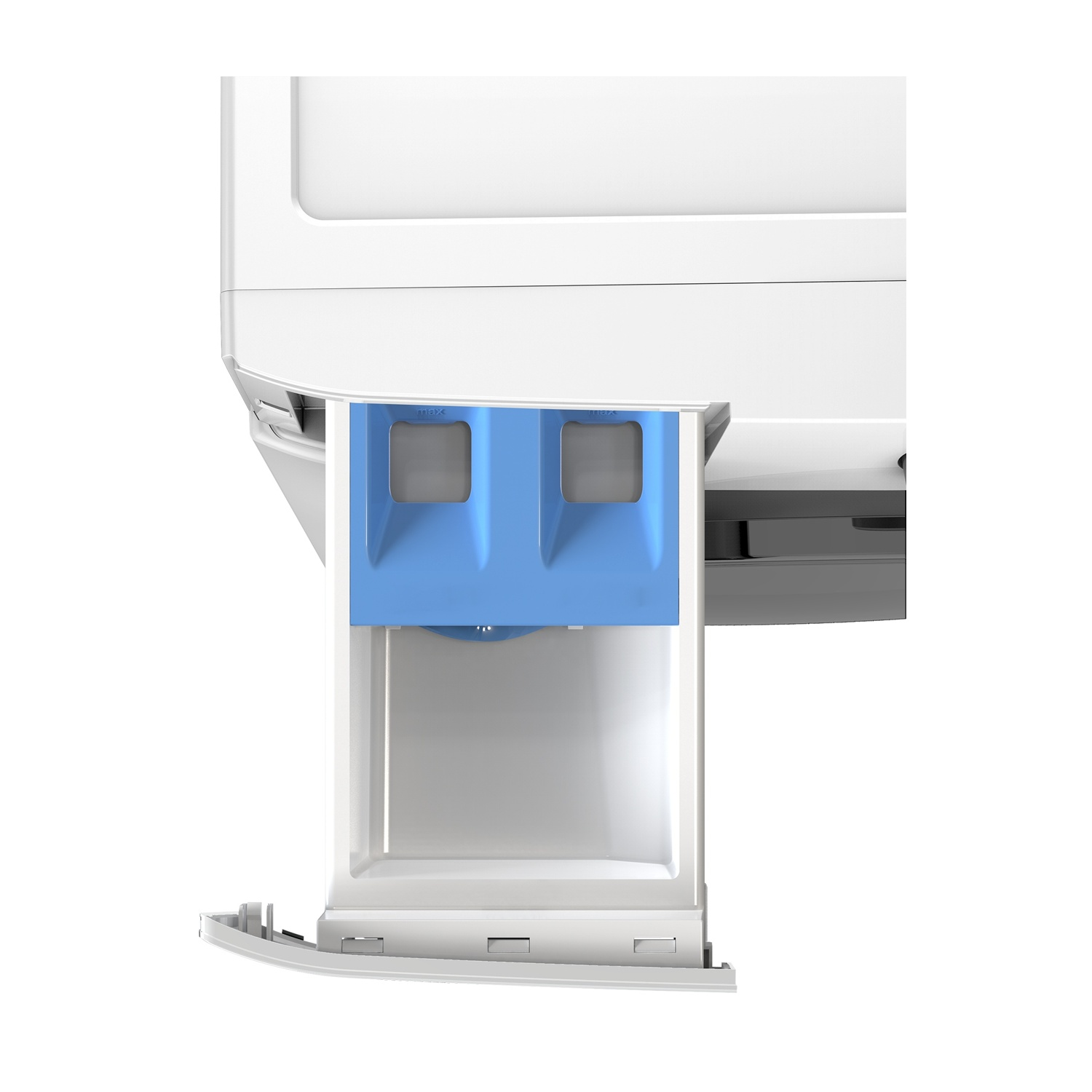 Un cassetto detersivo estraibile di una lavatrice con scomparti blu.