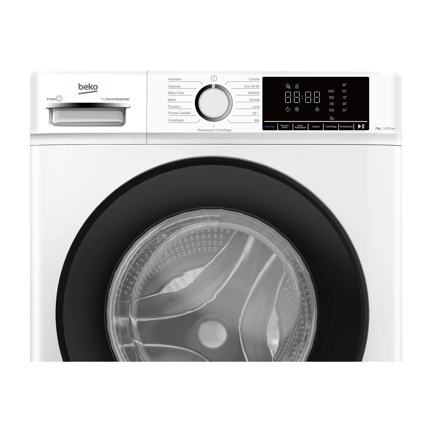 Lavatrice bianca Beko con display digitale e oblò.