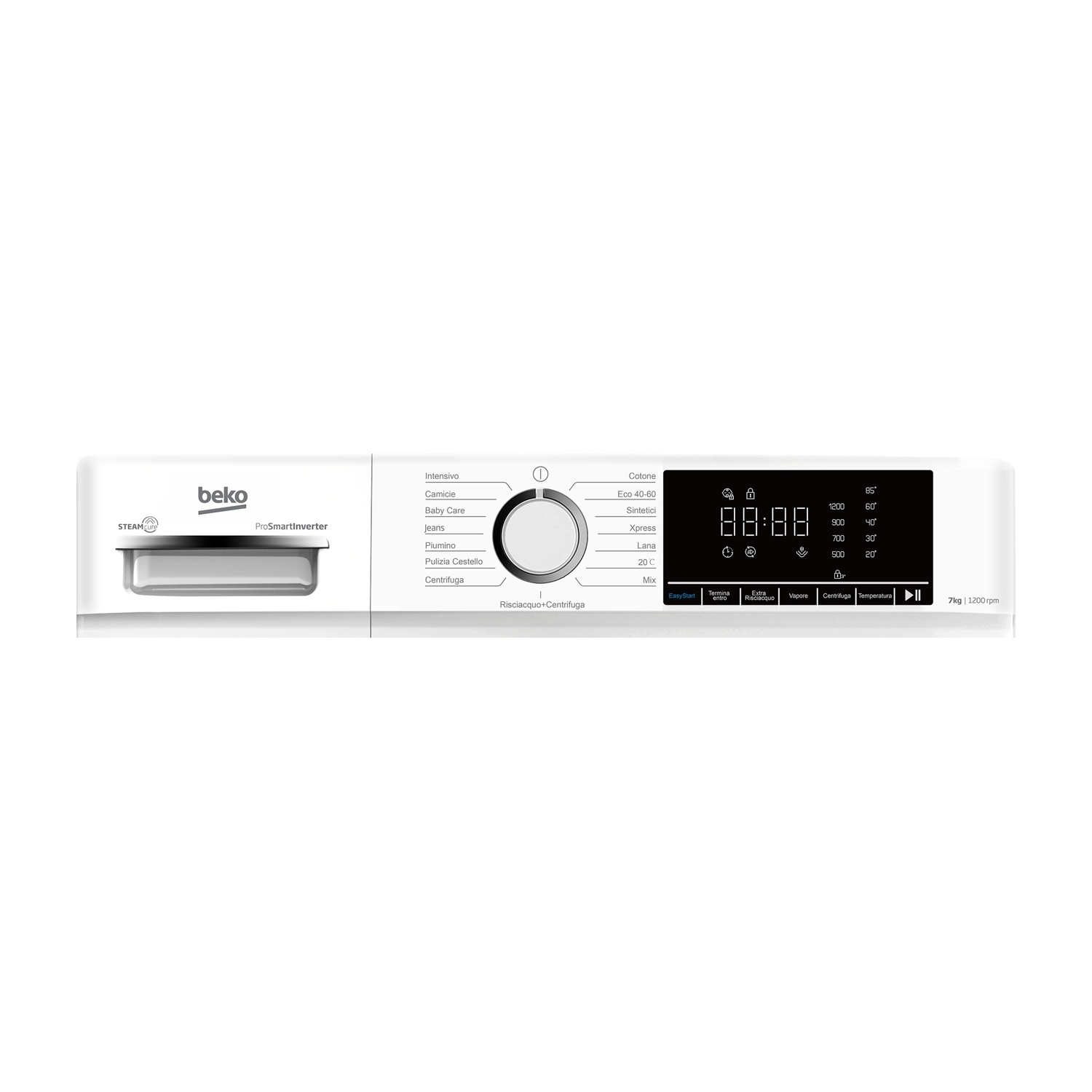 Lavatrice Beko bianca con display digitale e selezione programmi.