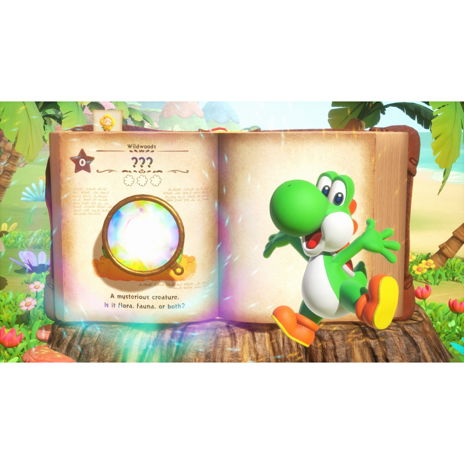 Yoshi si trova accanto a un libro aperto sui Wildwoods. Chiede: È flora, fauna o entrambi?