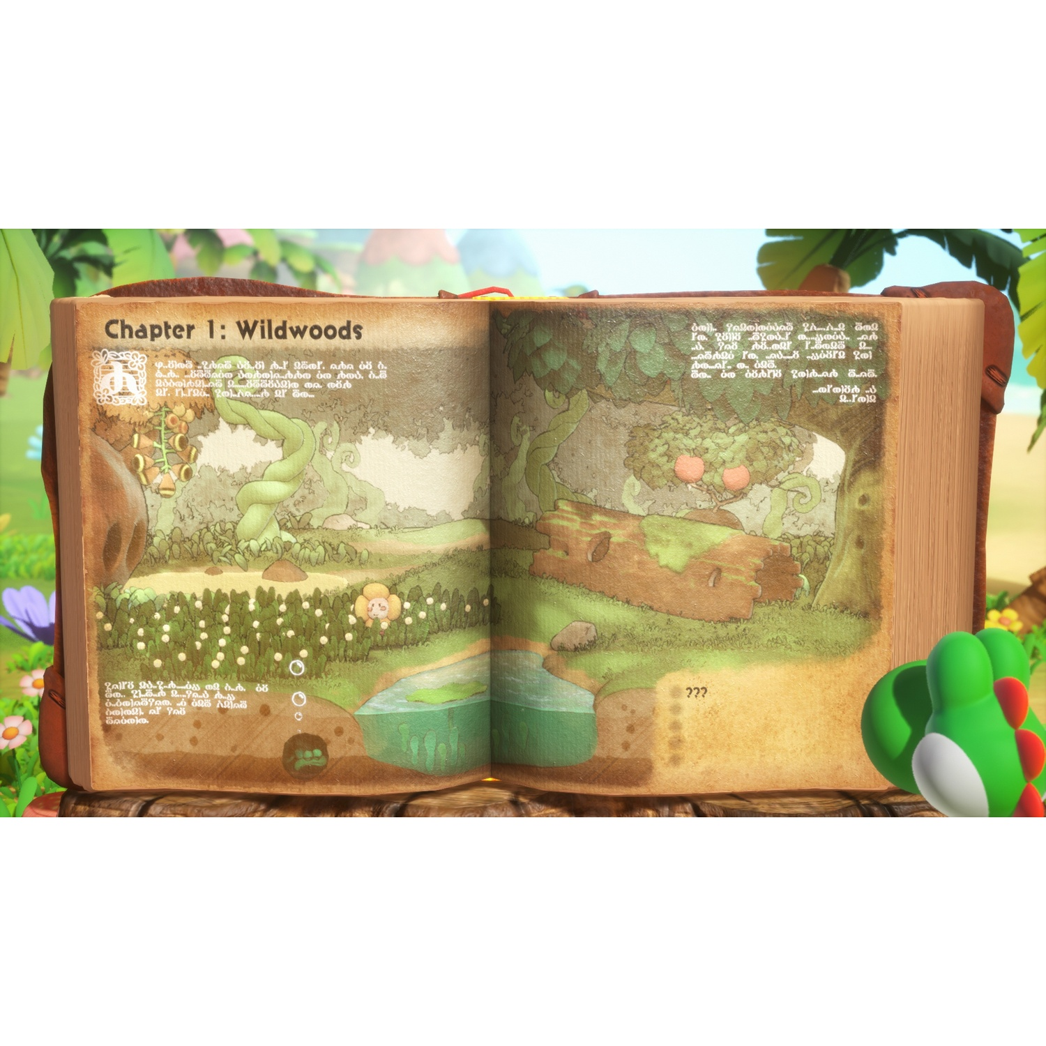 Un libro aperto che mostra una scena boschiva con testo. Yoshi è visibile.