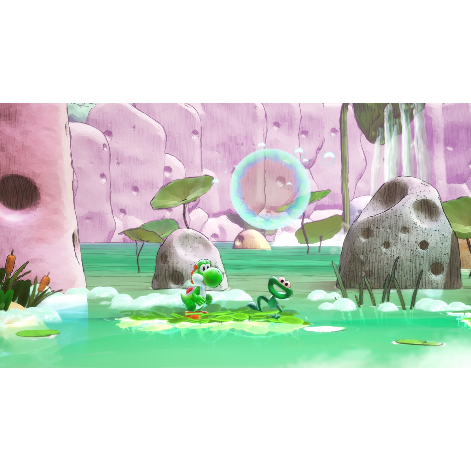 Yoshi e una rana su ninfee in uno stagno verde. Rocce pastello sullo sfondo.