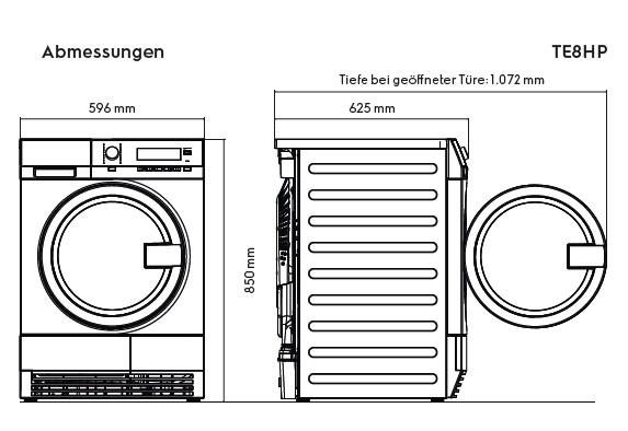 Technische Zeichnung eines Trockners mit Maßen: Höhe 850mm, Breite 596mm, Tiefe 625mm.
