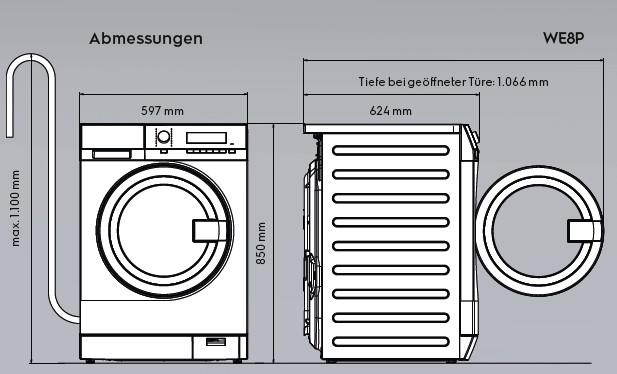 Technische Zeichnung einer Waschmaschine mit Maßen.