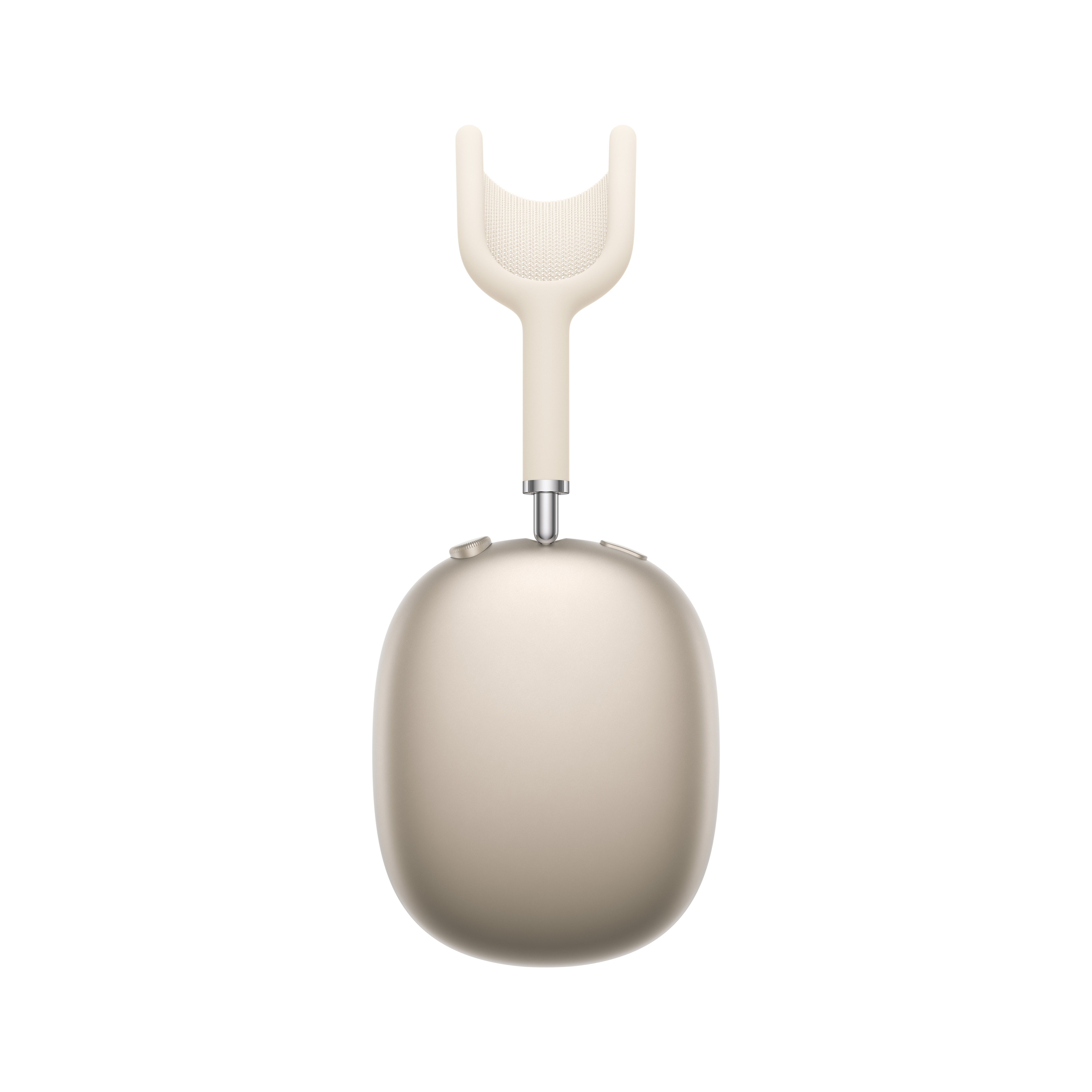 Un écouteur de casque beige avec une tige argentée et un bandeau en maille.