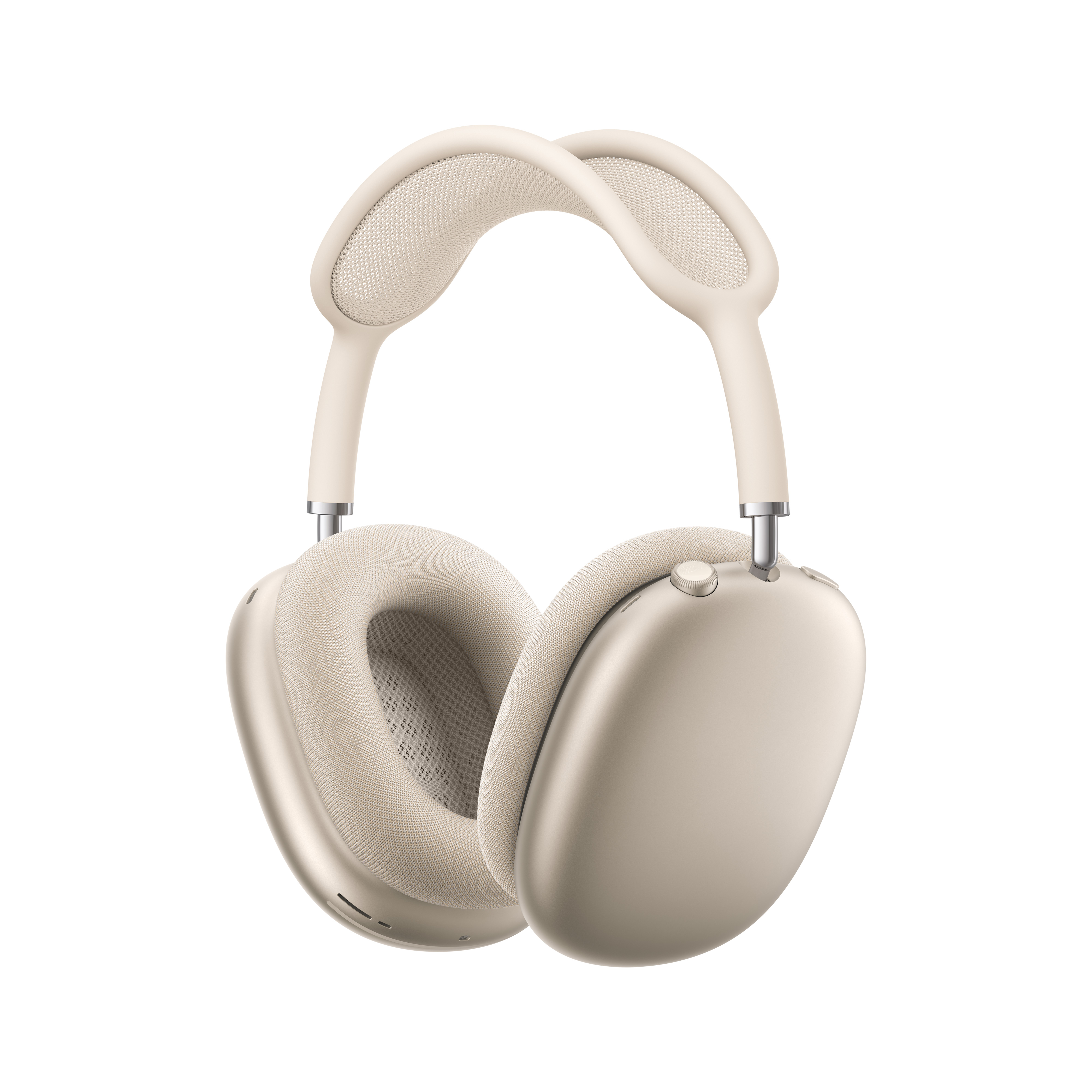 Casque beige avec coussinets en tissu et accents argentés, isolé sur fond blanc.