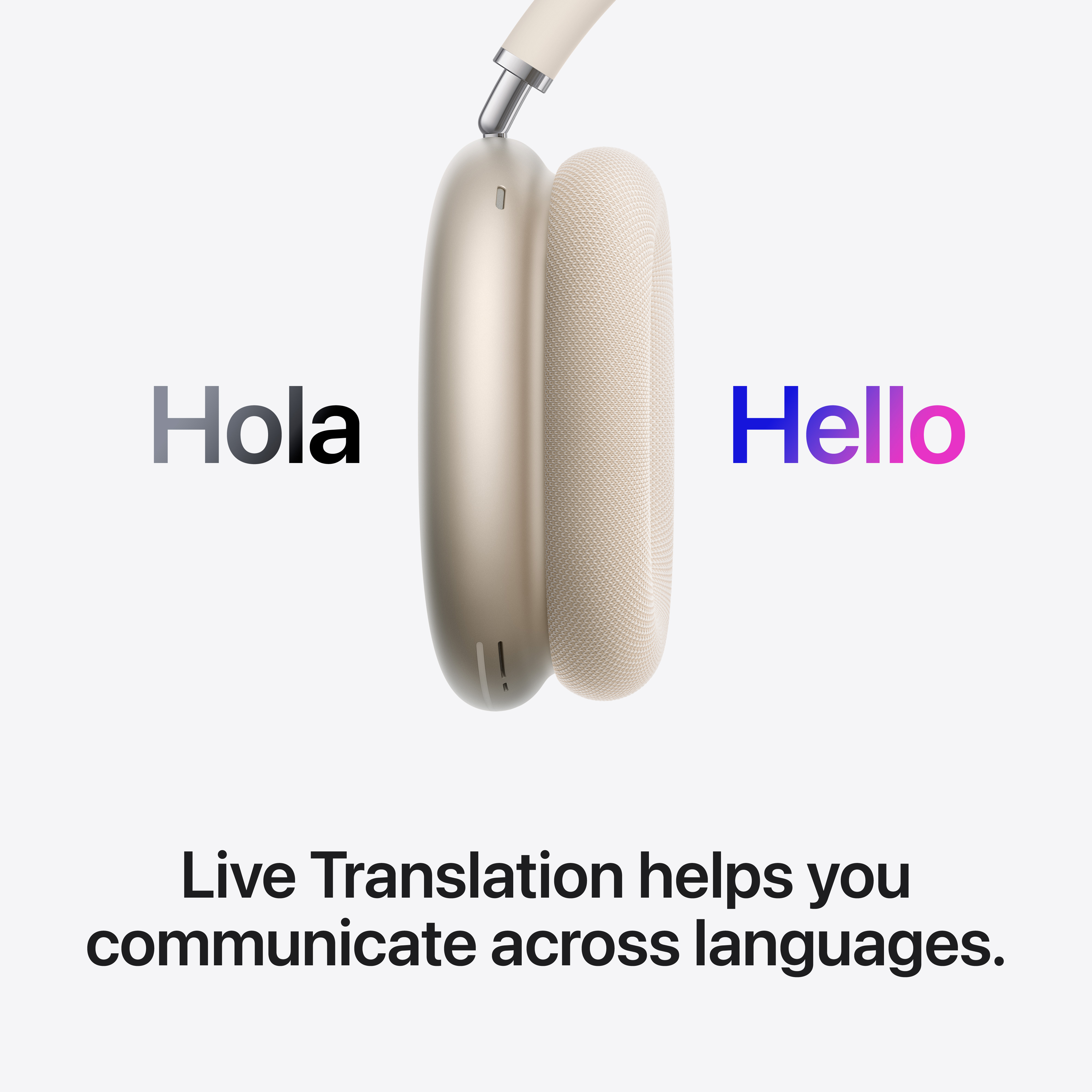 Casque doré avec "Hola" et "Hello". Traduction en direct aide.