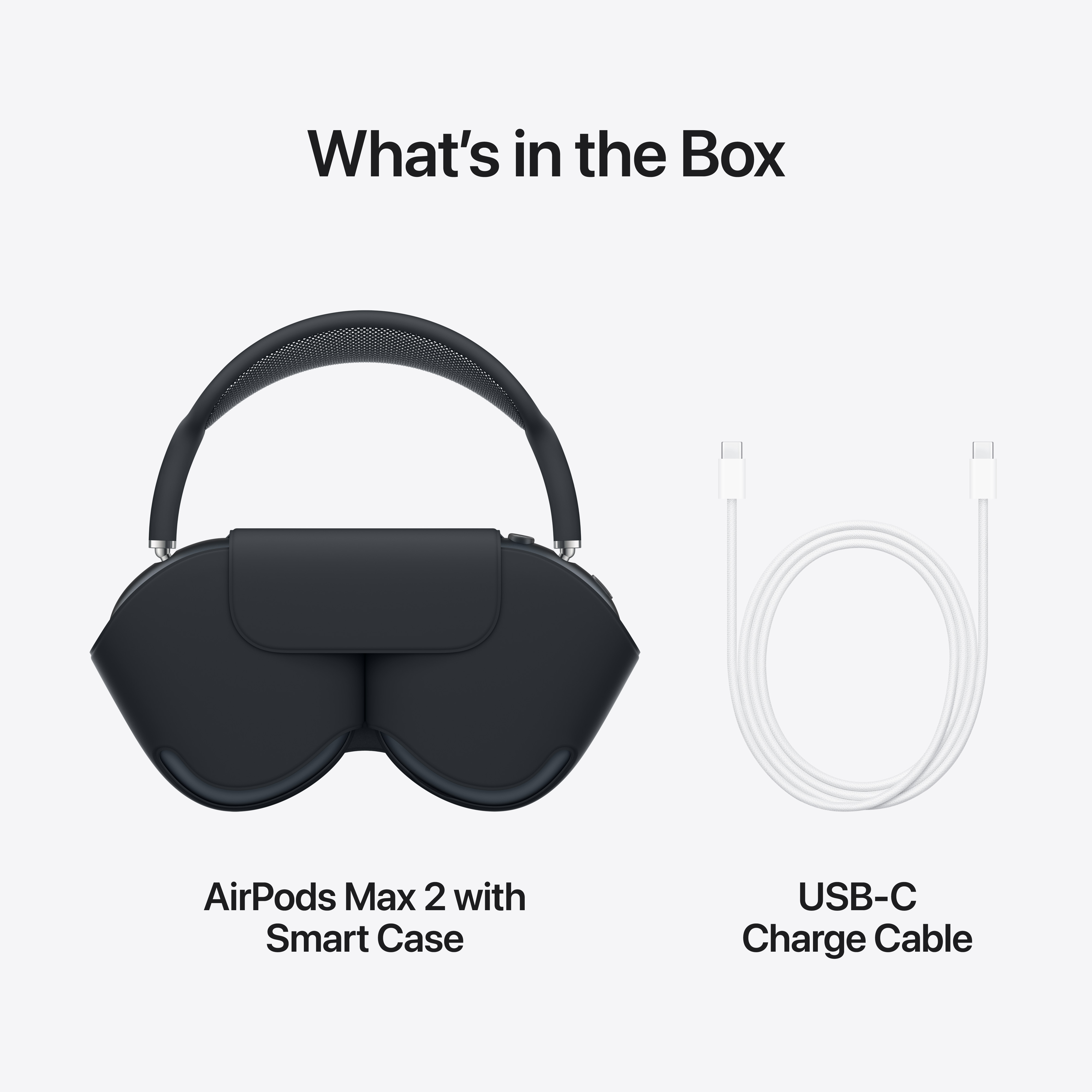 AirPods Max 2 avec Smart Case et câble de charge USB-C sur blanc.