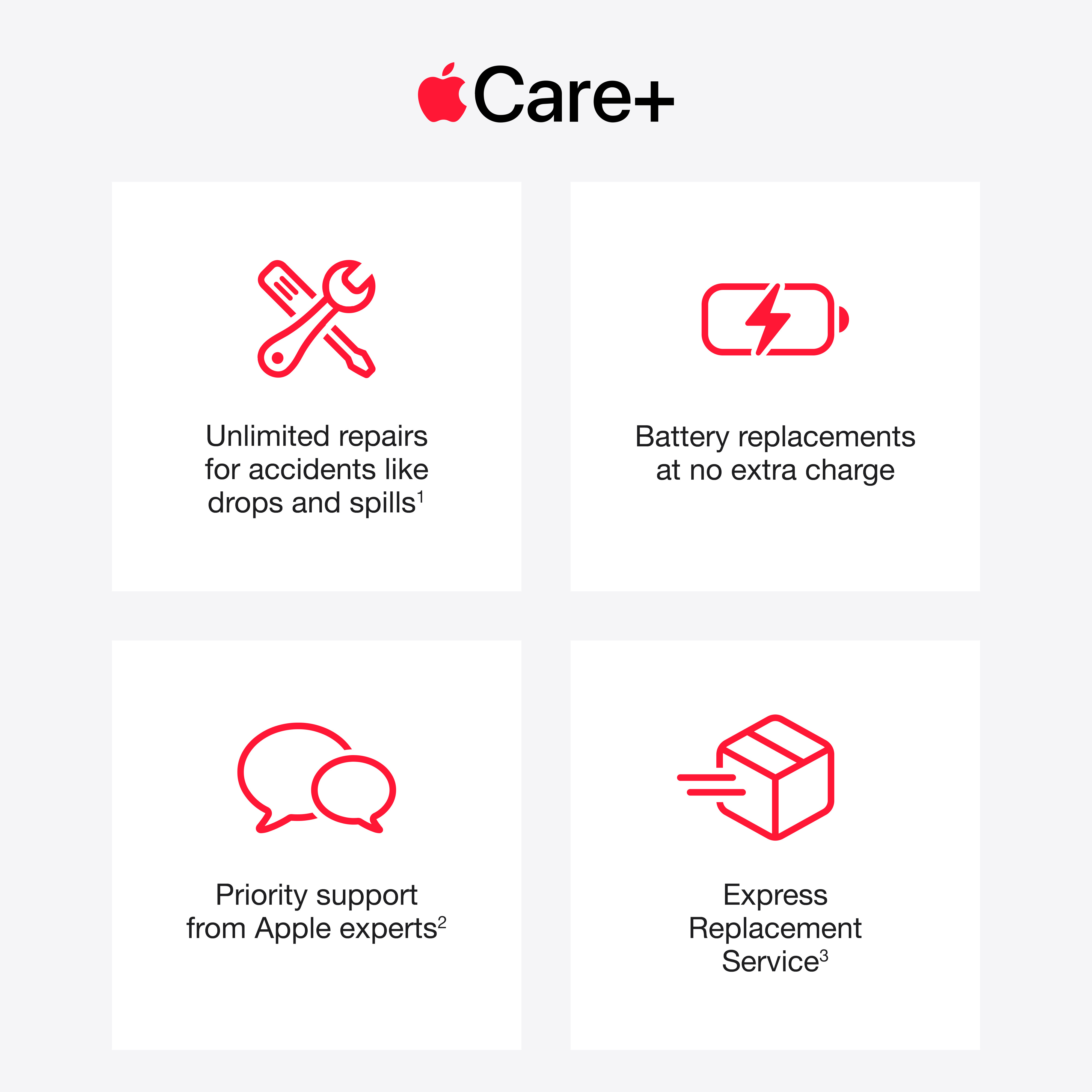 Apple Care+ propose réparations, remplacement batterie, support & service express.