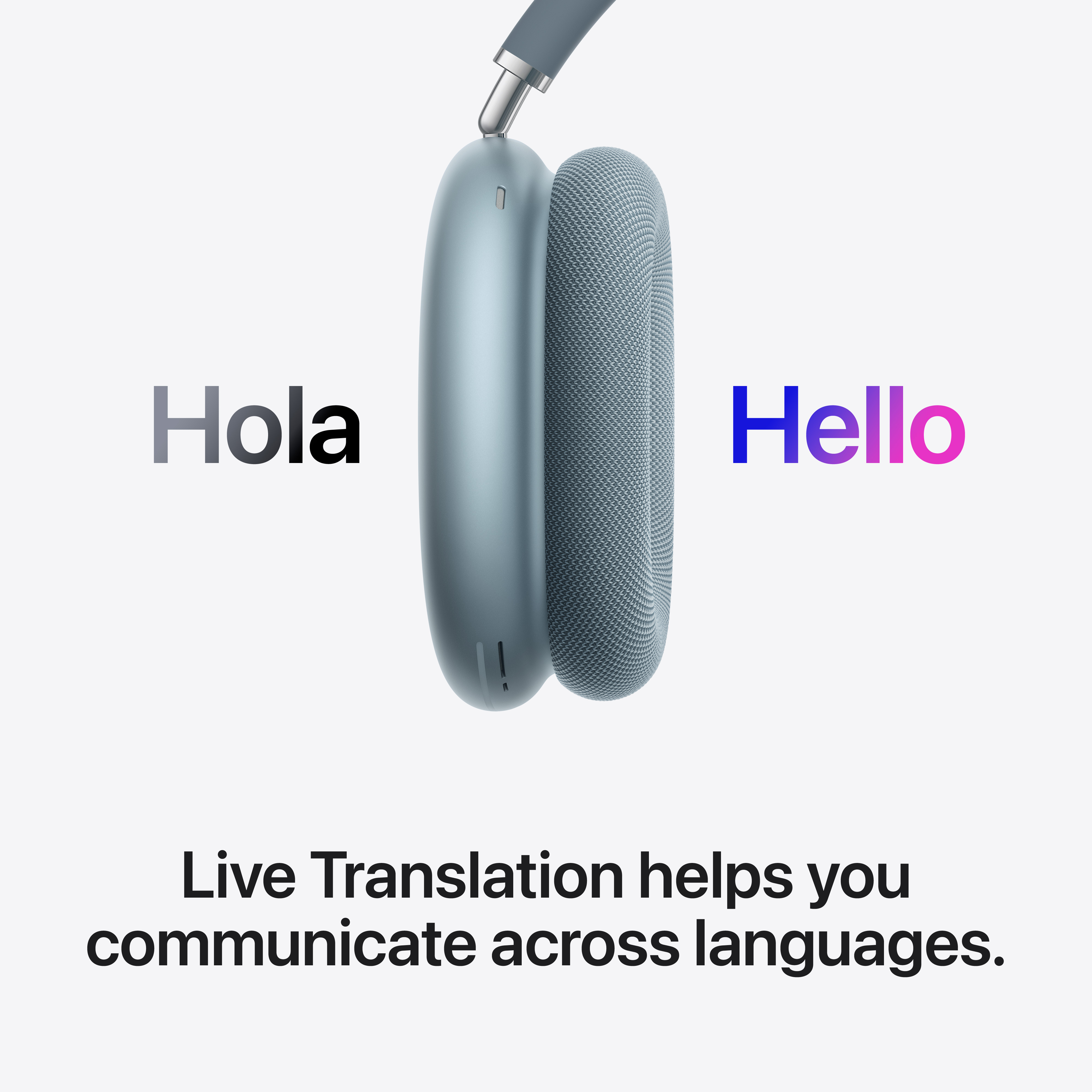 Casque bleu avec texte « Hola » et « Hello ». Traduction en direct aide.