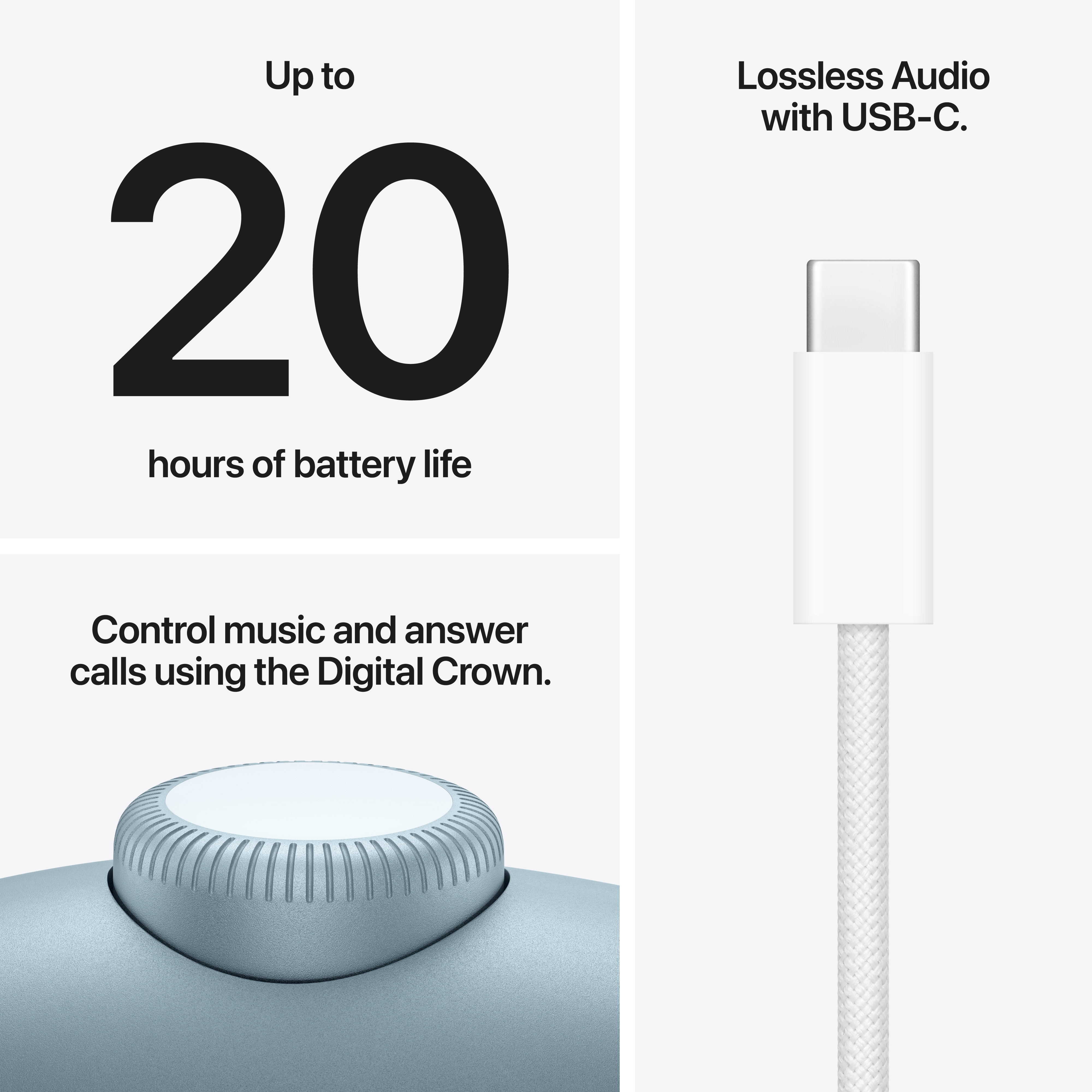 Jusqu'à 20h d'autonomie. Contrôle Couronne Digitale. USB-C.