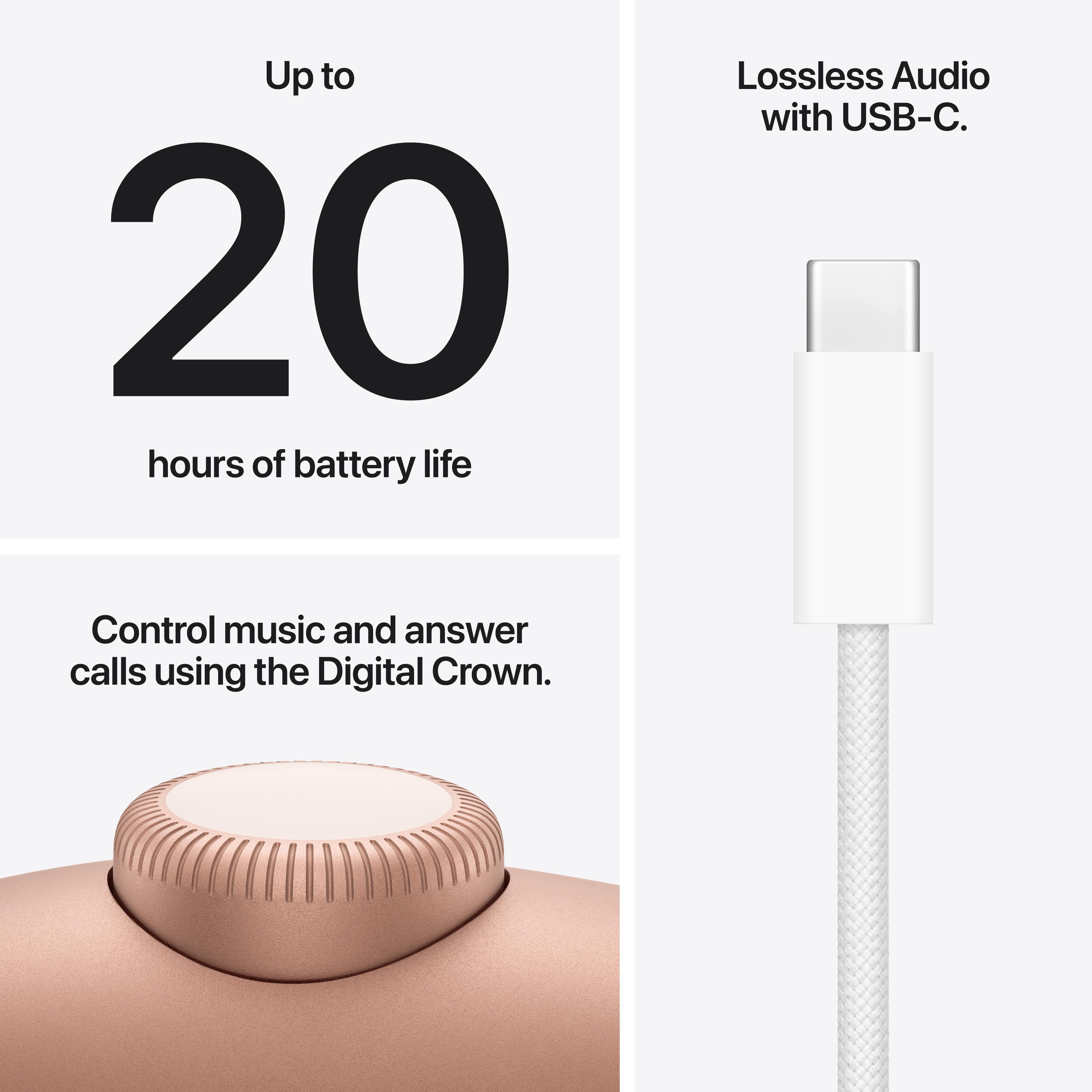 Bis zu 20 Stunden Akkulaufzeit. USB-C-Kabel. Digitale Krone.