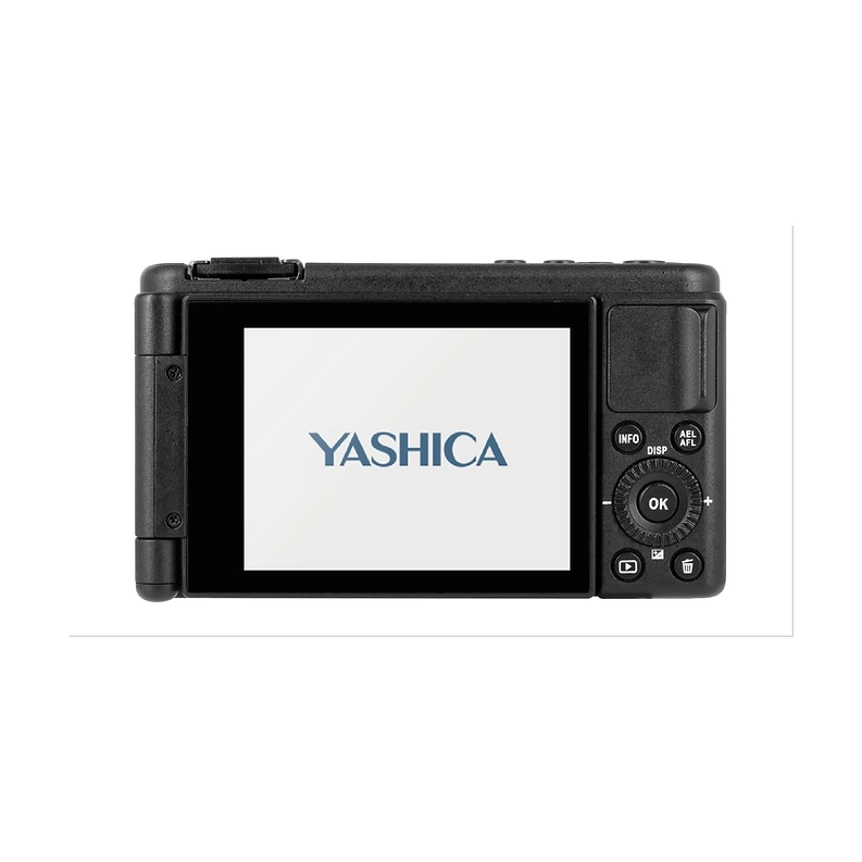 YASHICA logosu ekranda görünen siyah dijital kameranın arkası.