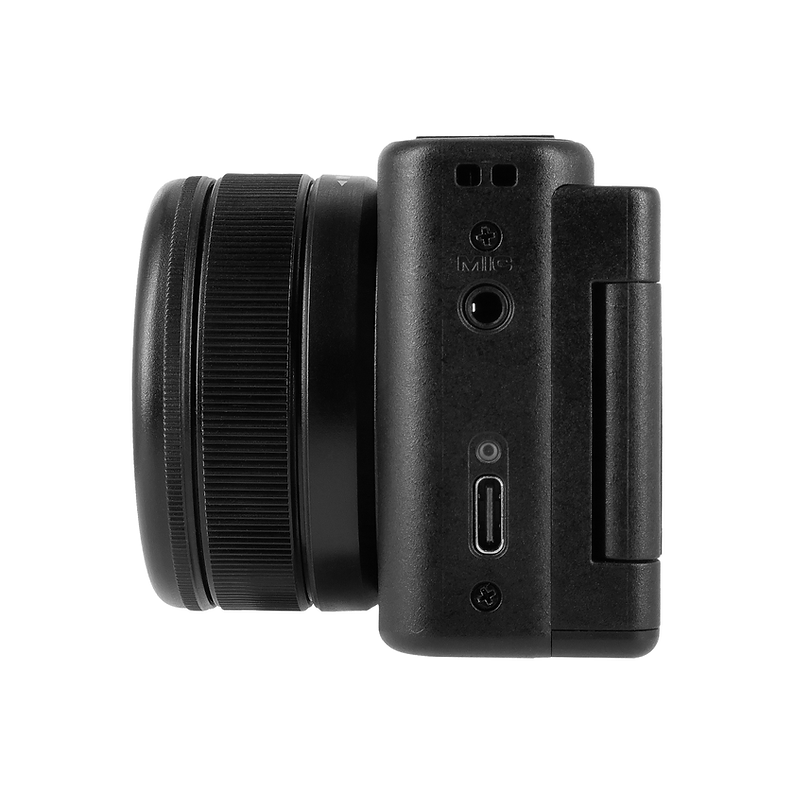 Lensli, mikrofon girişli ve USB-C portlu siyah kamera.