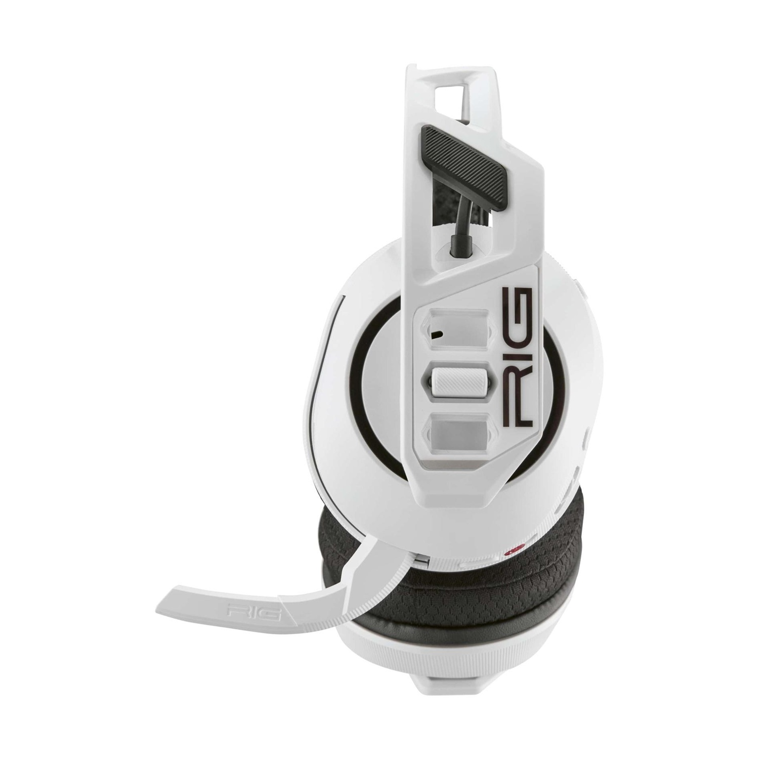 Una cuffia da gaming bianca e nera con un microfono che si estende dall'auricolare sinistro, angolata dall'alto a destra.
