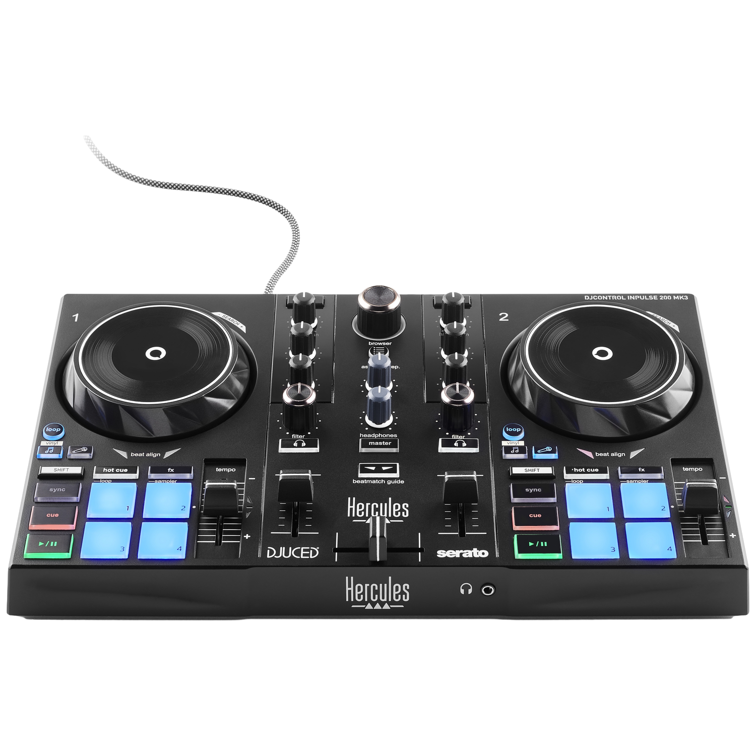 Zwarte DJ-controller met twee draaitafels, schuifregelaars en knoppen.