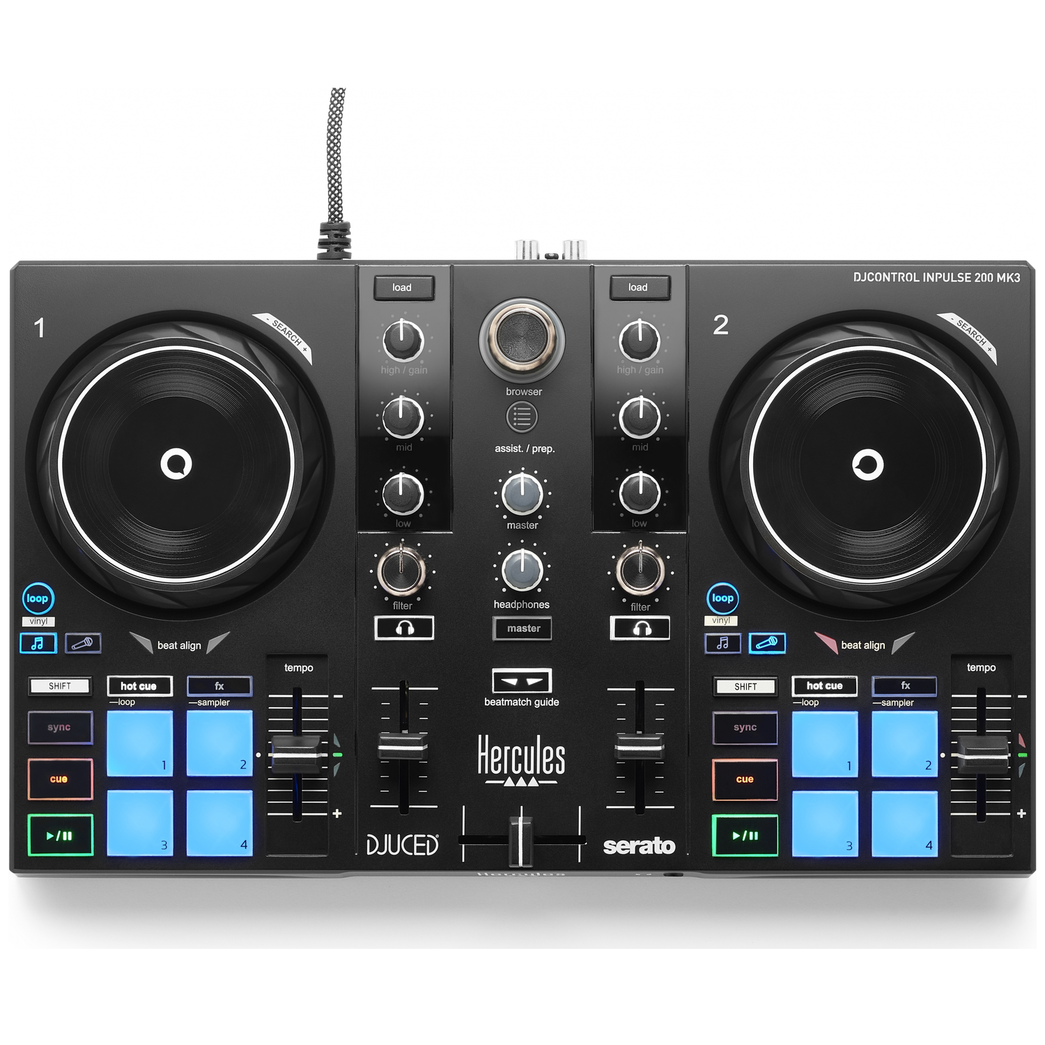 Een zwarte DJ-controller met twee decks, jogwheels, pads en knoppen.