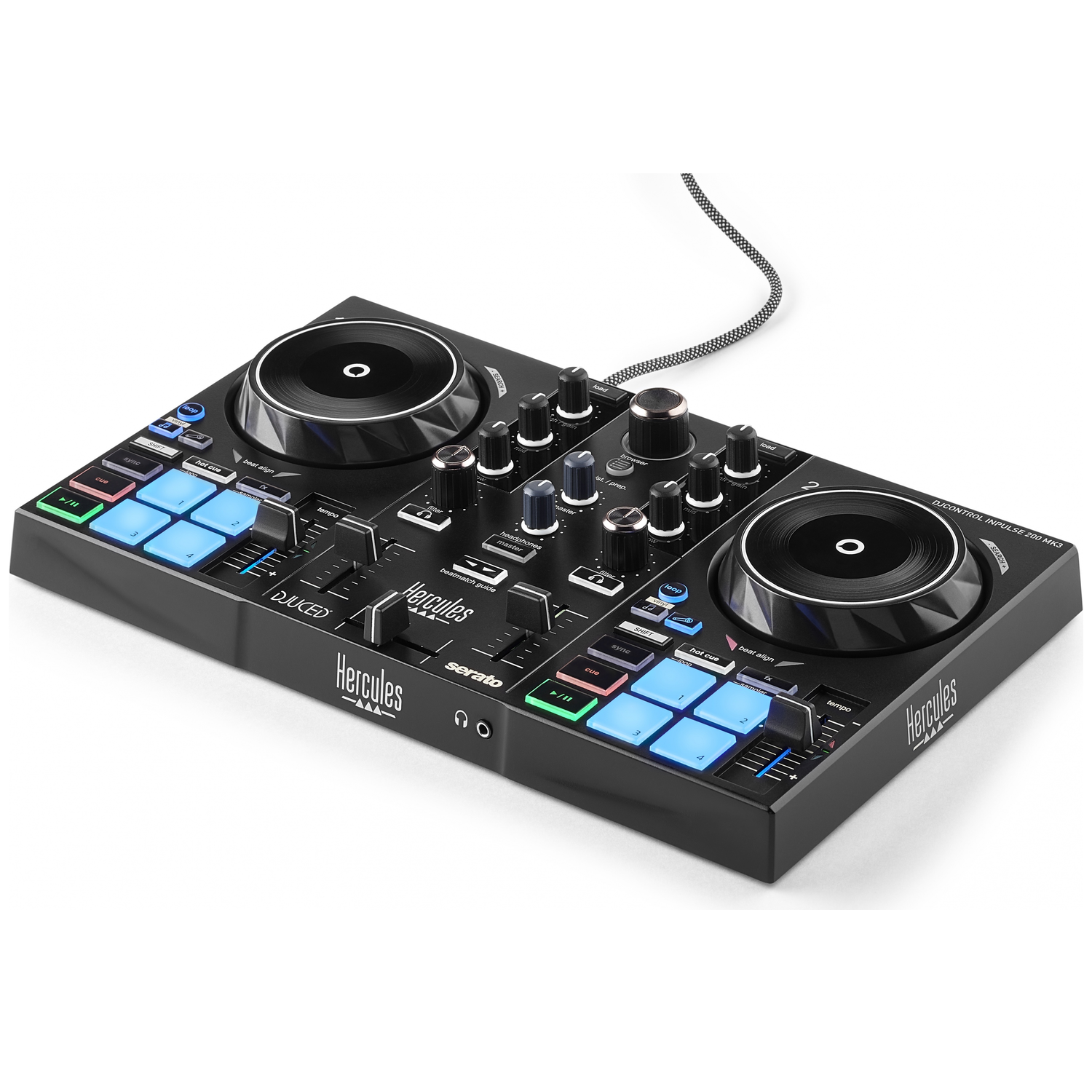 Zwarte DJ-controller met verlichte blauwe pads en draaiknoppen.