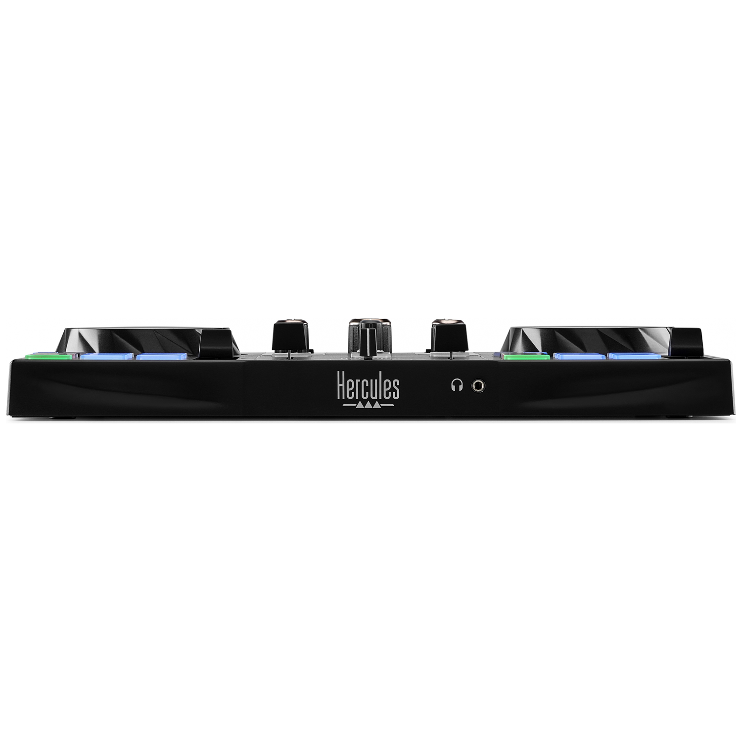 Zwarte DJ-controller met knoppen, lampjes en Hercules-logo.