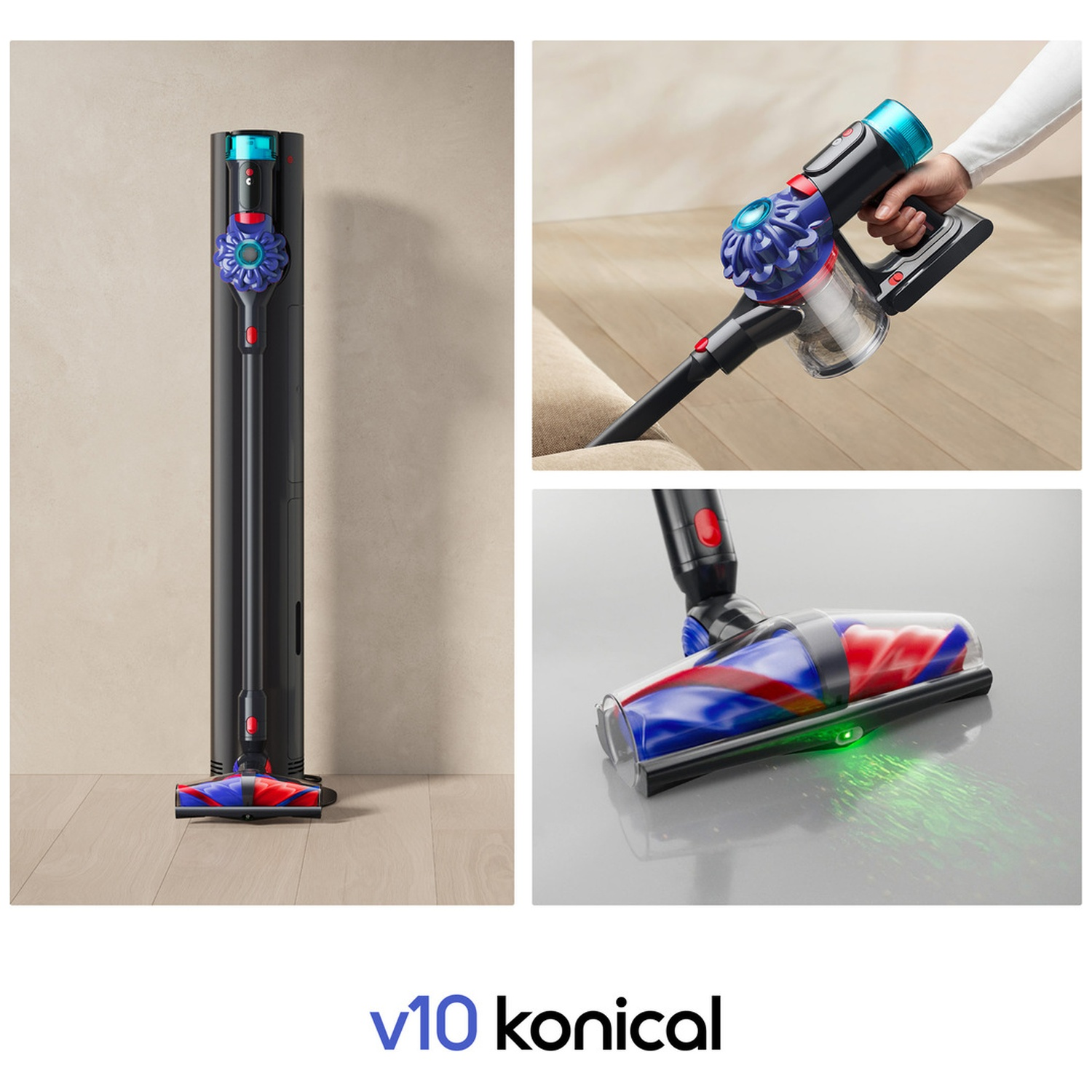 Un aspirateur Dyson V10 Konical noir, présenté dans son support et en cours d'utilisation.