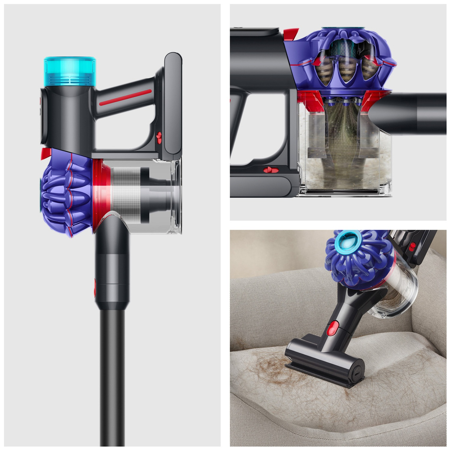 Un aspirateur moderne avec cyclone bleu et bac transparent.