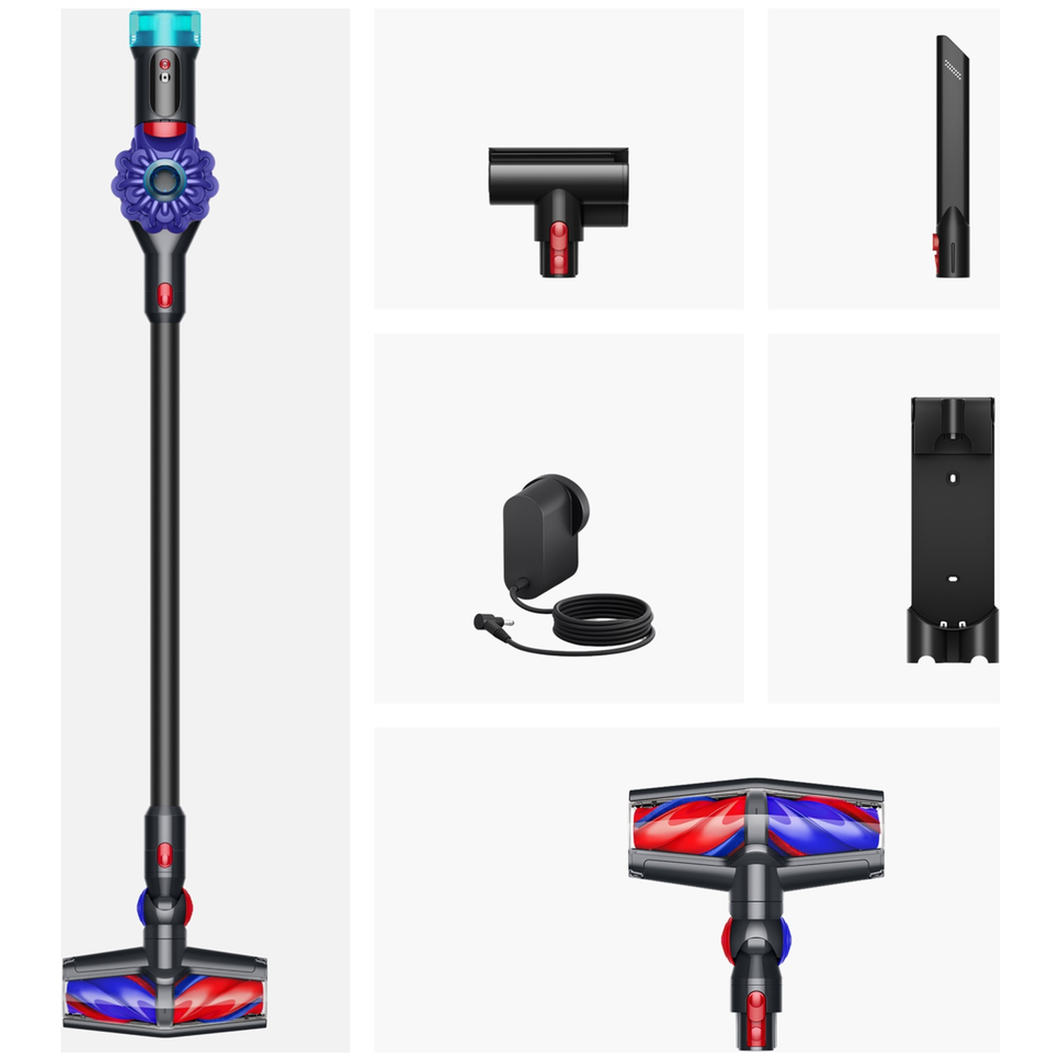 Un aspirateur sans fil avec accessoires, dont une station de charge et divers embouts.