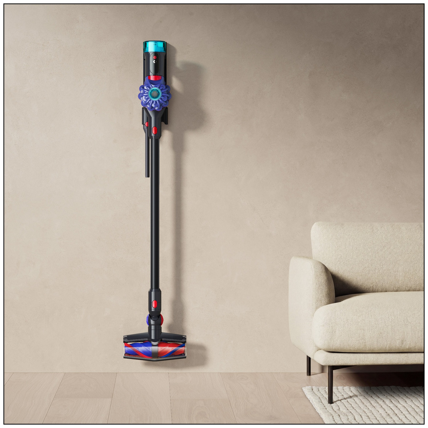 Un aspirateur balai noir avec des accents bleus est suspendu à un mur à côté d'un canapé crème.