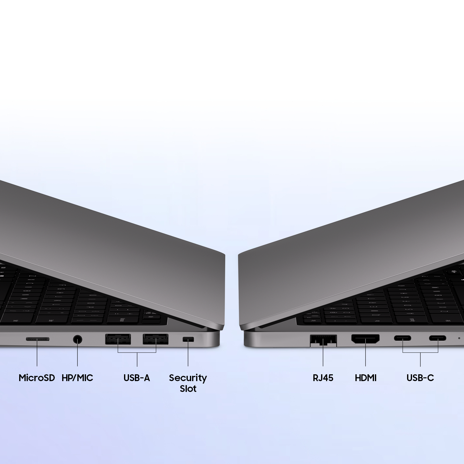 Close-up zijaanzicht van een laptop met poorten: MicroSD, HP/MIC, USB-A, beveiligingssleuf, RJ45, HDMI, USB-C.