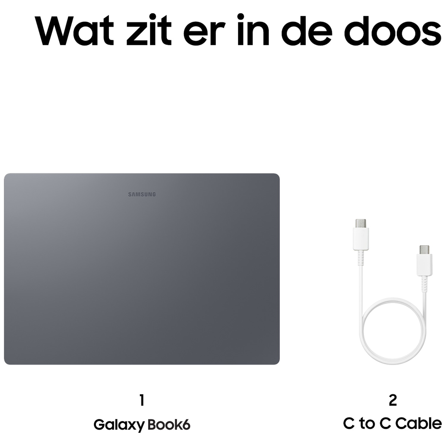 Een grijze Samsung Galaxy Book6 en een witte C-naar-C-kabel.