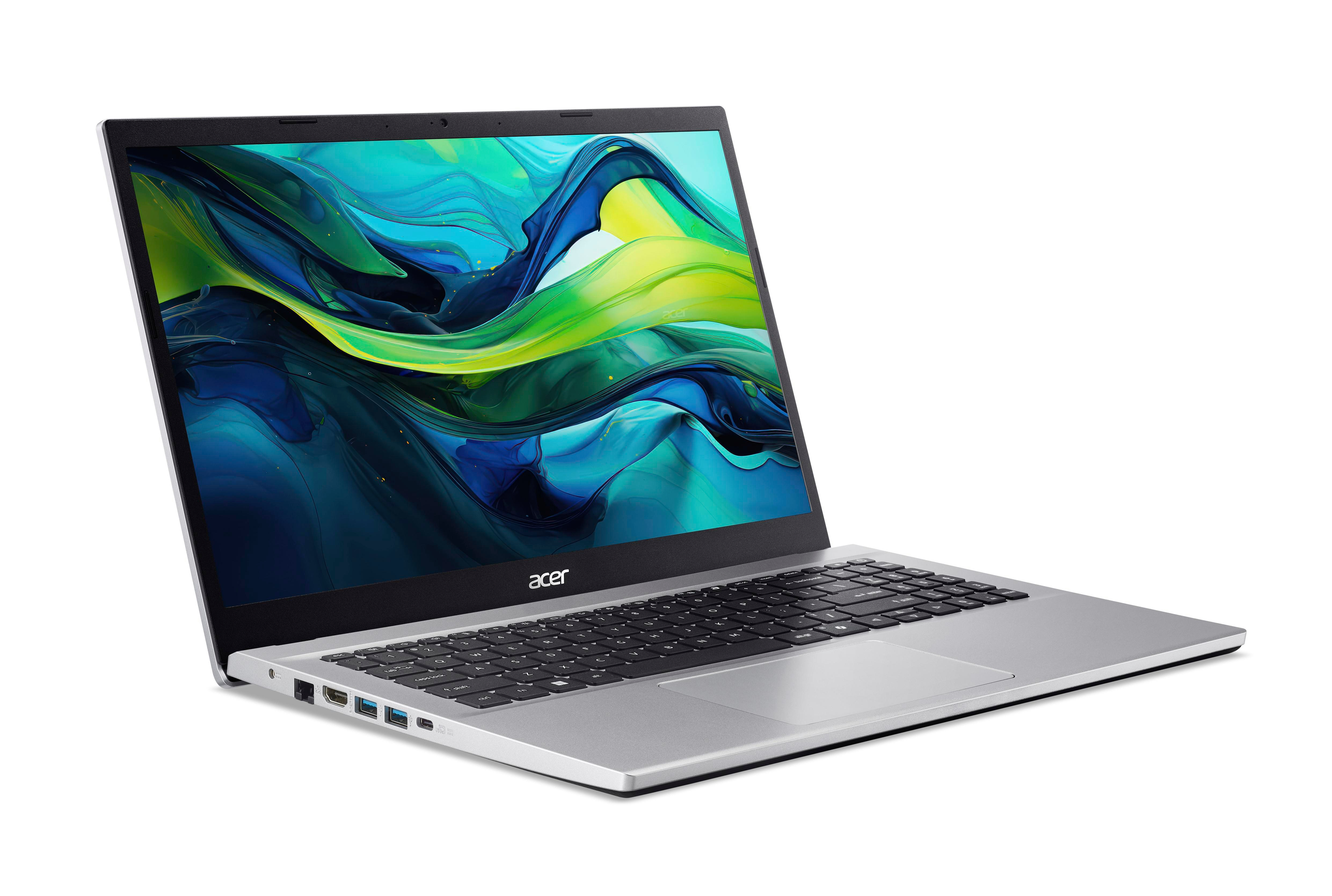 Silberner Acer Laptop mit Tastatur und buntem Hintergrund auf dem Bildschirm.