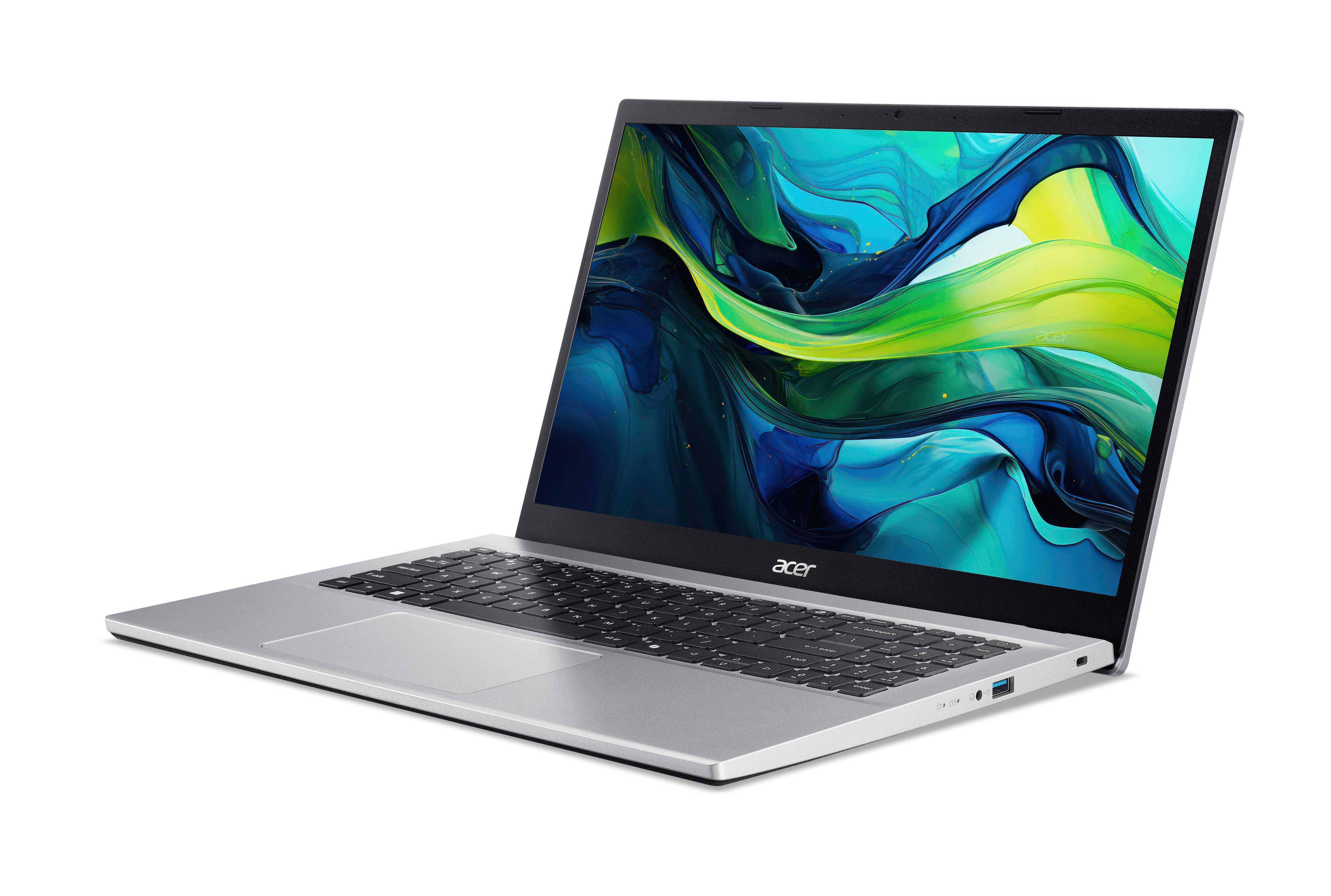 Silberner Acer Laptop mit einem abstrakten blau-grünen Hintergrund auf dem Bildschirm.
