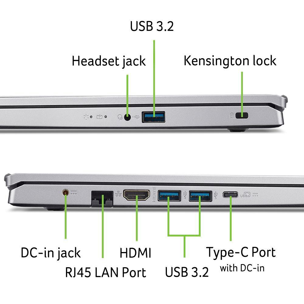 Anschlüsse eines Laptops: Headset, USB 3.2, Kensington-Sicherheitsschloss.