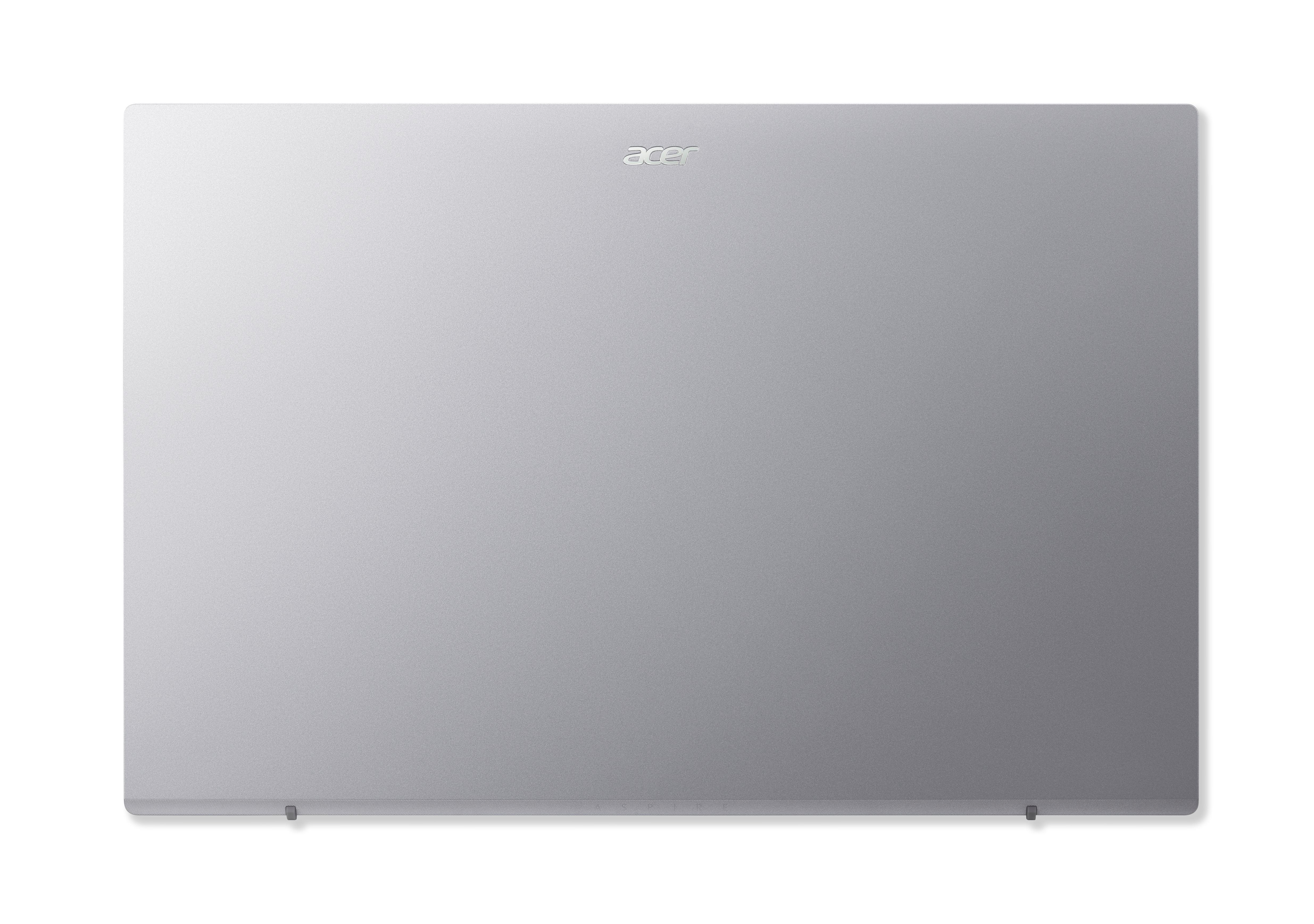Geschlossener silberner Acer Laptop mit Logo auf weißem Hintergrund.