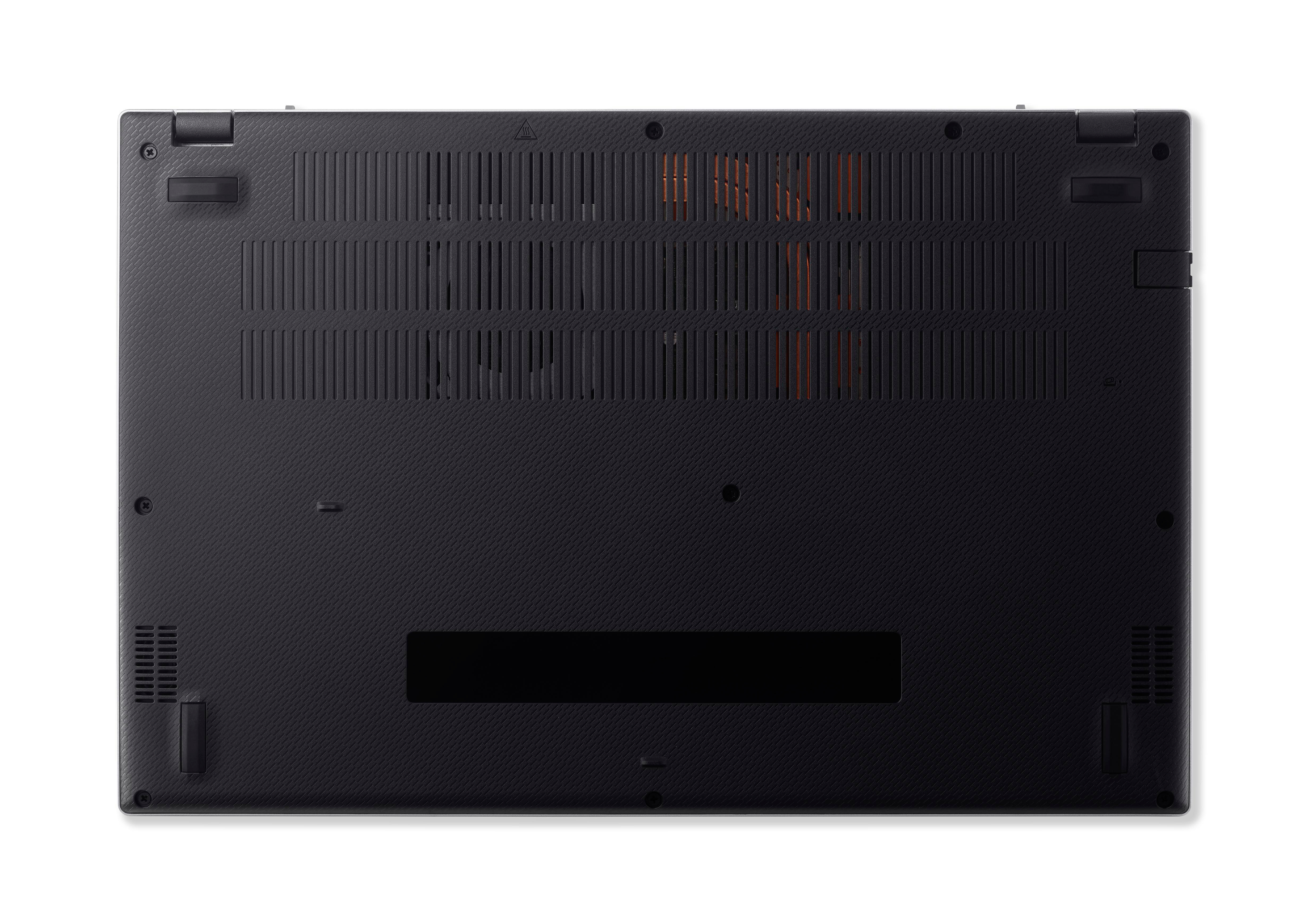 Die Unterseite eines schwarzen Laptops mit Lüftungsschlitzen und Schrauben.