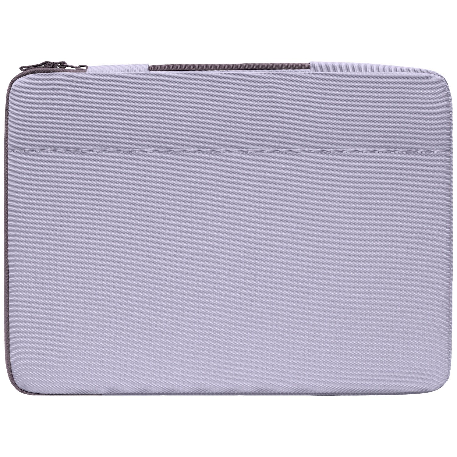 Grijze laptoptas met rits en handvat.