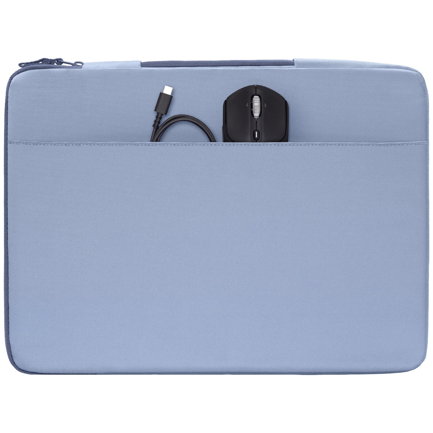A gray-blue laptop sleeve with a black mouse and USB-C cable in the front pocket.