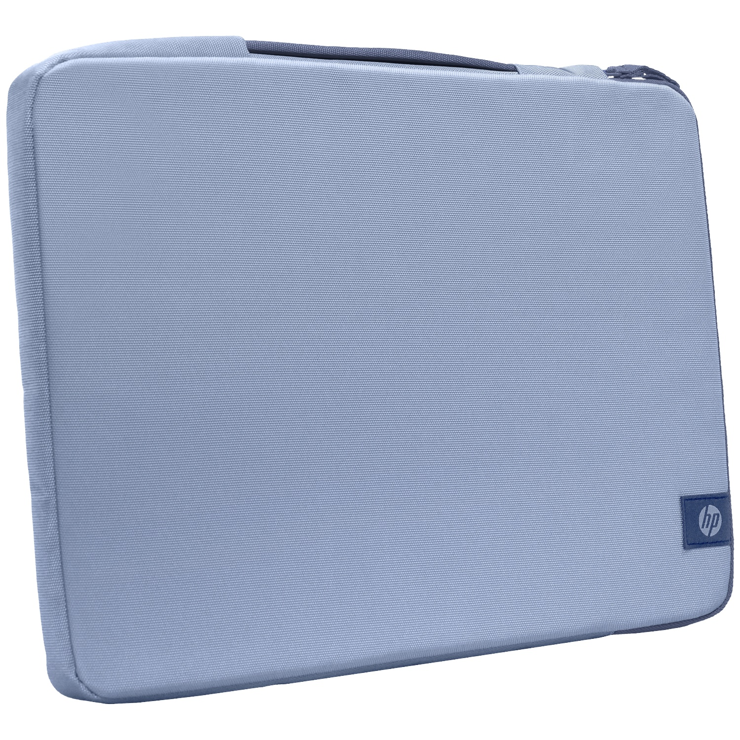 A light blue laptop sleeve with an HP logo on the right side.