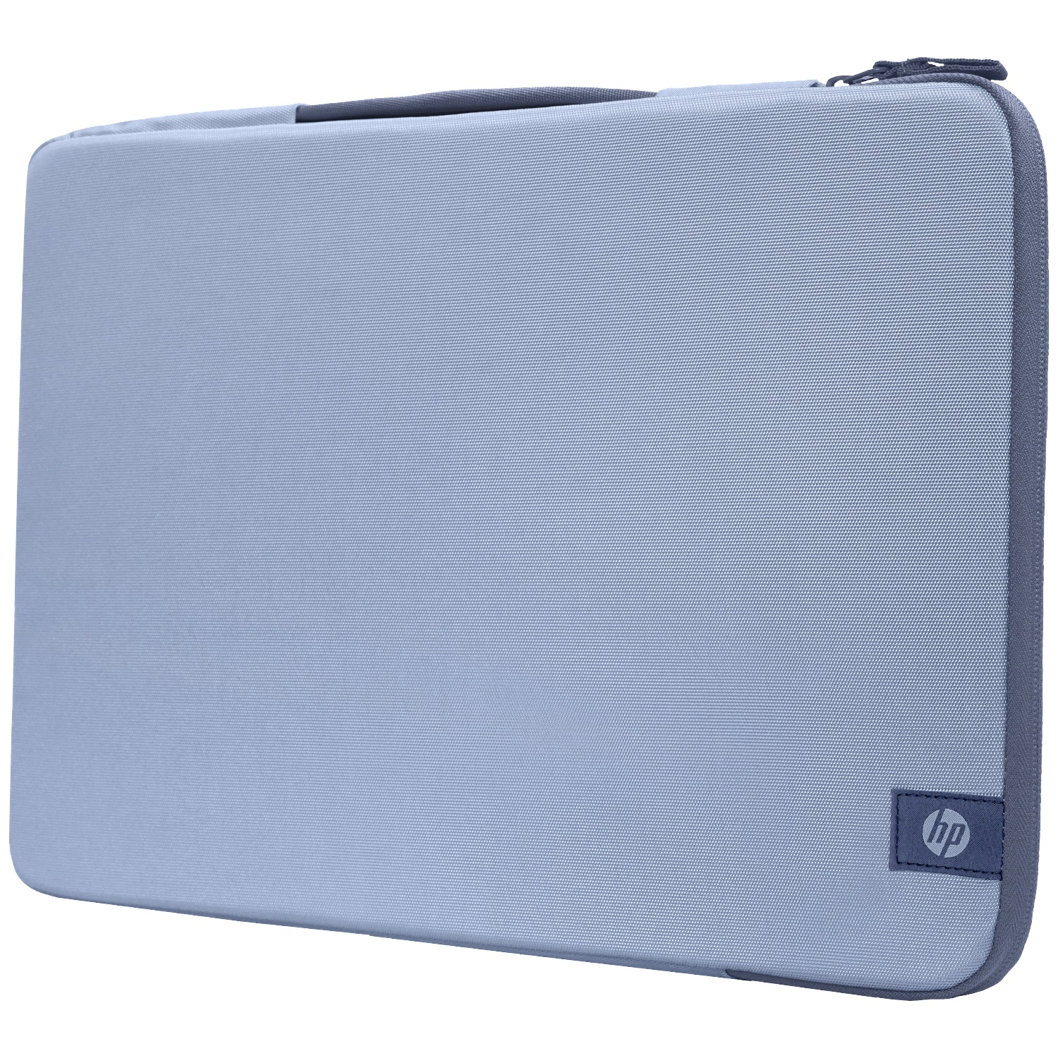 A light blue laptop sleeve with a dark zipper and HP logo.
