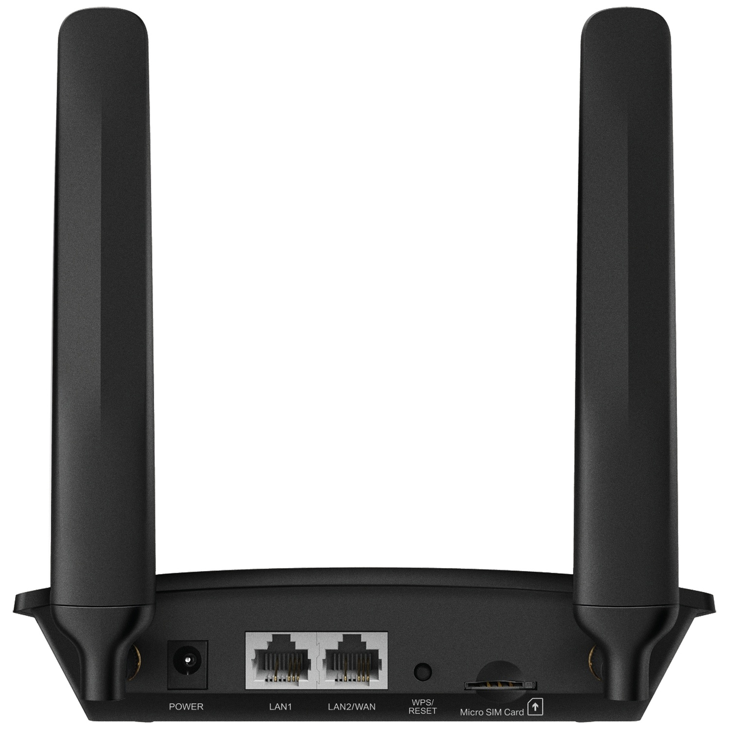 Routeur noir avec deux antennes, ports et un emplacement pour carte SIM.
