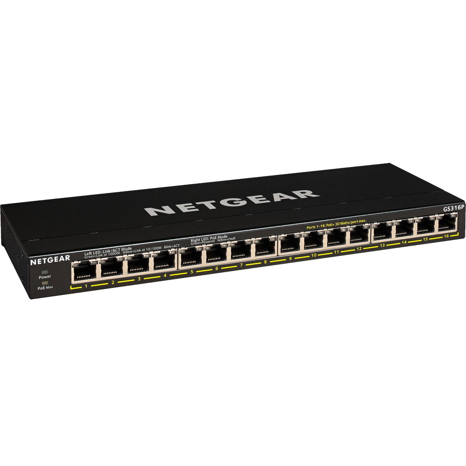 Switch réseau Netgear GS316P noir 16 ports PoE+ avec ports numérotés et indicateurs LED.