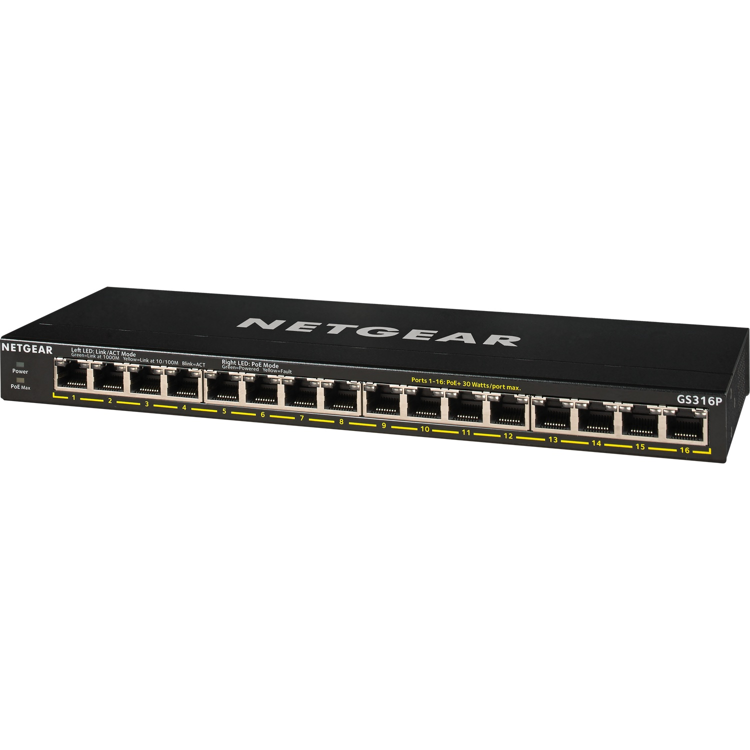 Un switch Netgear GS316P noir avec 16 ports et des LED.