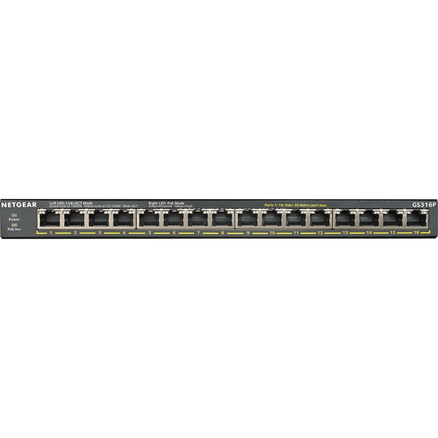 Un switch réseau Netgear GS316P noir avec 16 ports.
