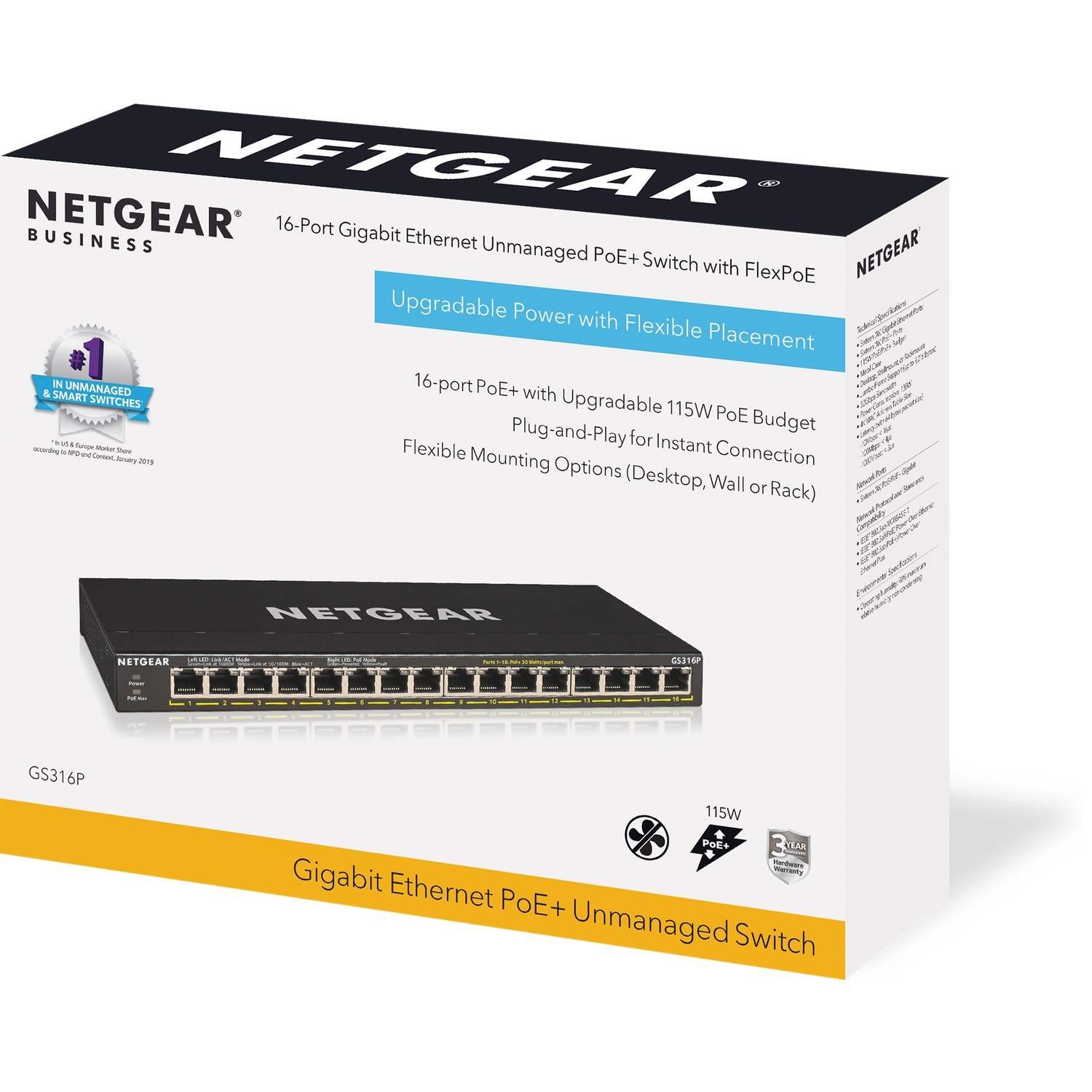 Boîte d'un switch Netgear Gigabit PoE+ 16 ports avec FlexPoE.